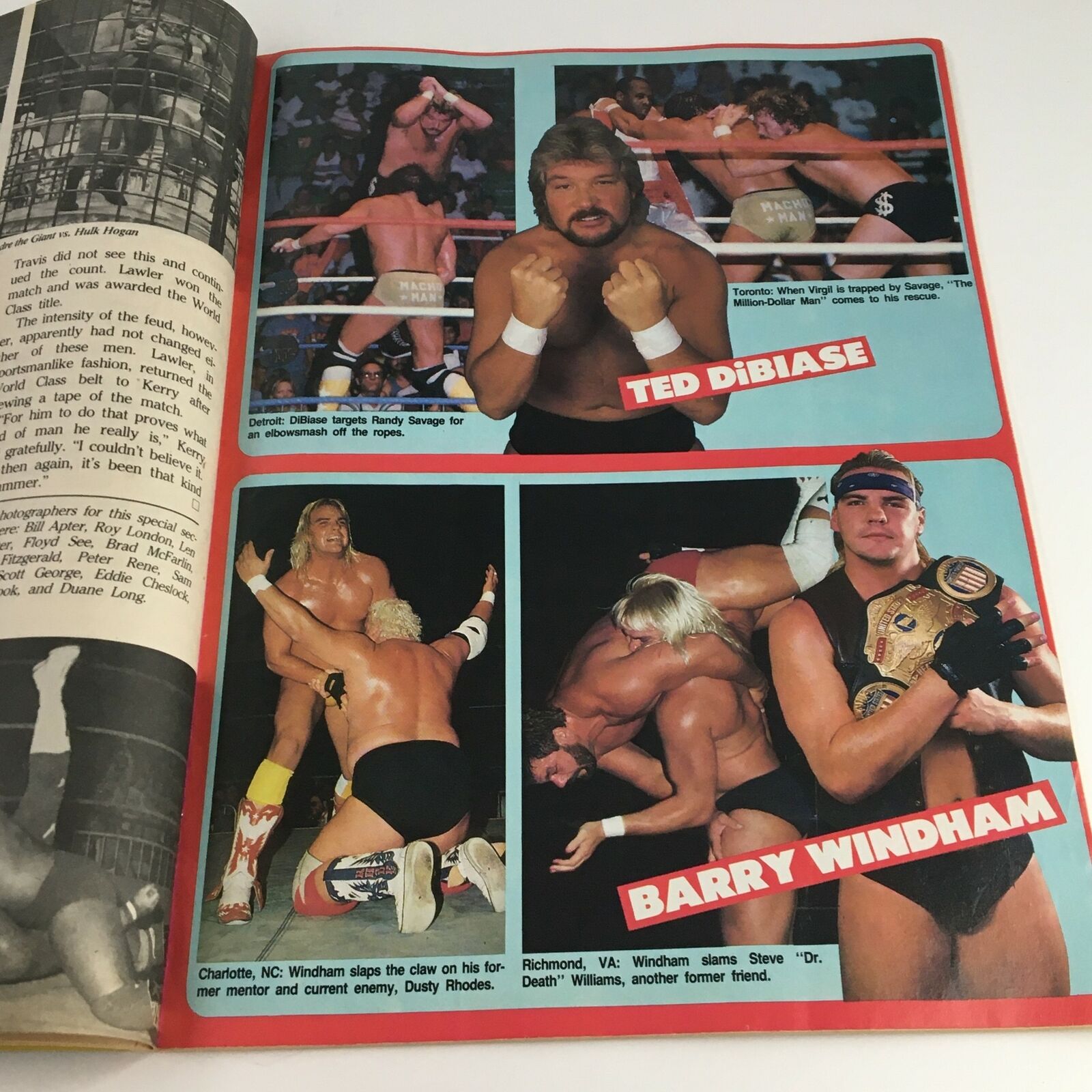 Action shots of Ted DiBiase and Barry Windham from The Wrestler, December 1988, portraying intense wrestling matches.