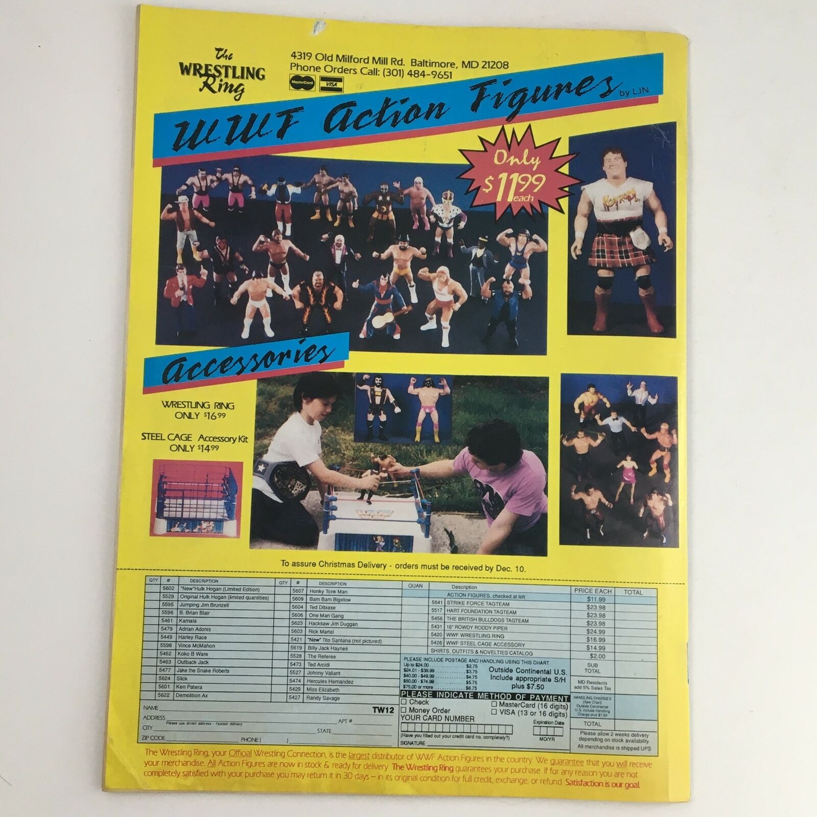 Advertisement from The Wrestler, December 1988, for WWF action figures and accessories with pricing details for collectors.