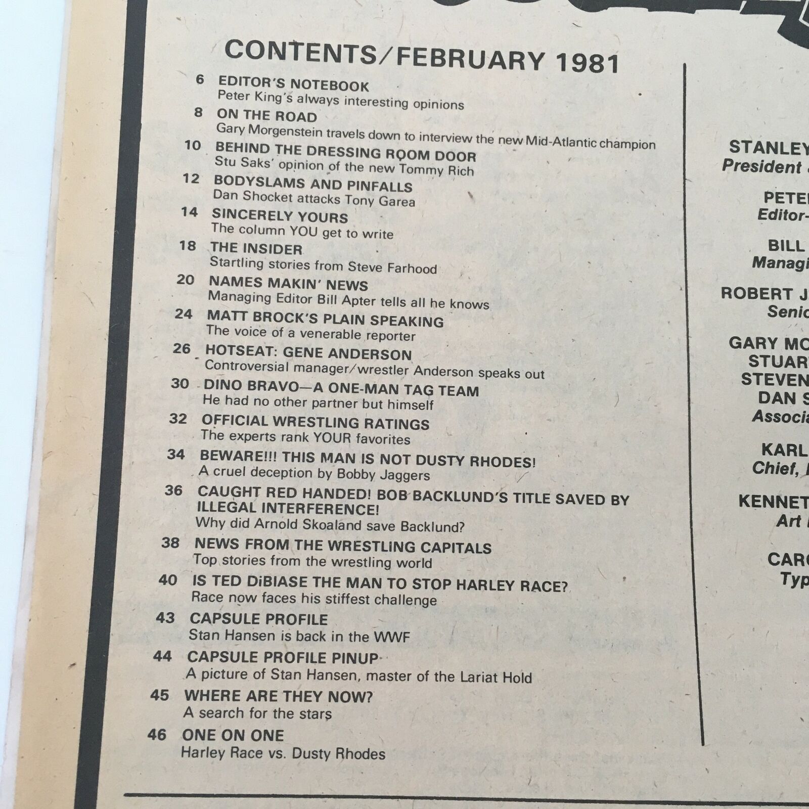 Contents page of Inside Wrestling Magazine February 1981, detailing articles and topics including Gene Anderson, Ted DiBiase, and significant wrestling events from that era.