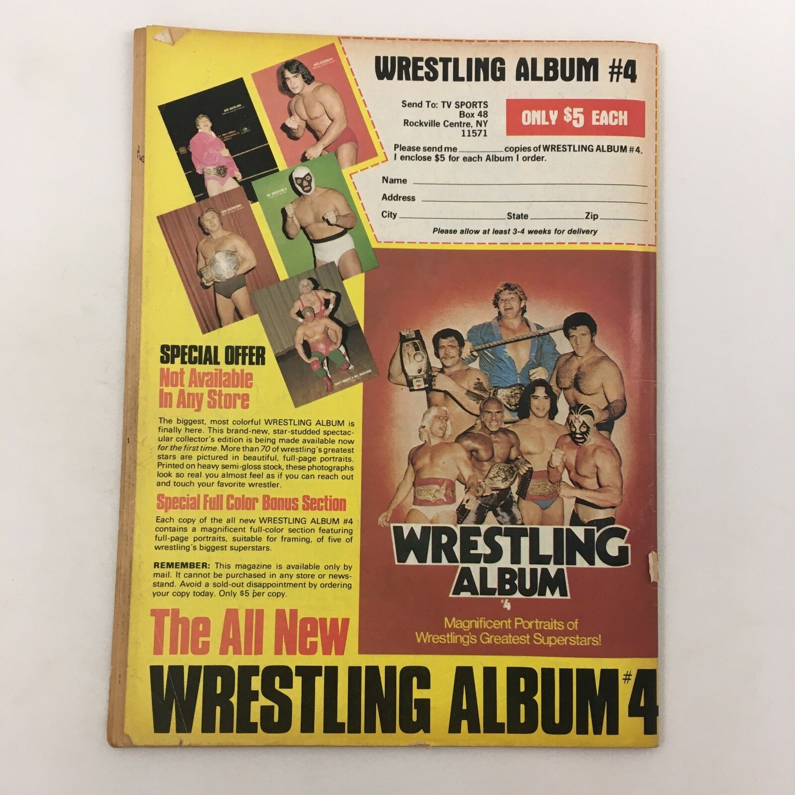 Cover of Wrestling Album #4 featuring colorful photography of wrestling superstars and promotional offers. The image highlights the vibrant design and details including a call to order for new wrestling albums, reflecting the excitement of 1980s wrestling culture. Inside Wrestling Magazine February 1981: Sgt. Slaughter vs Bob Backlund.