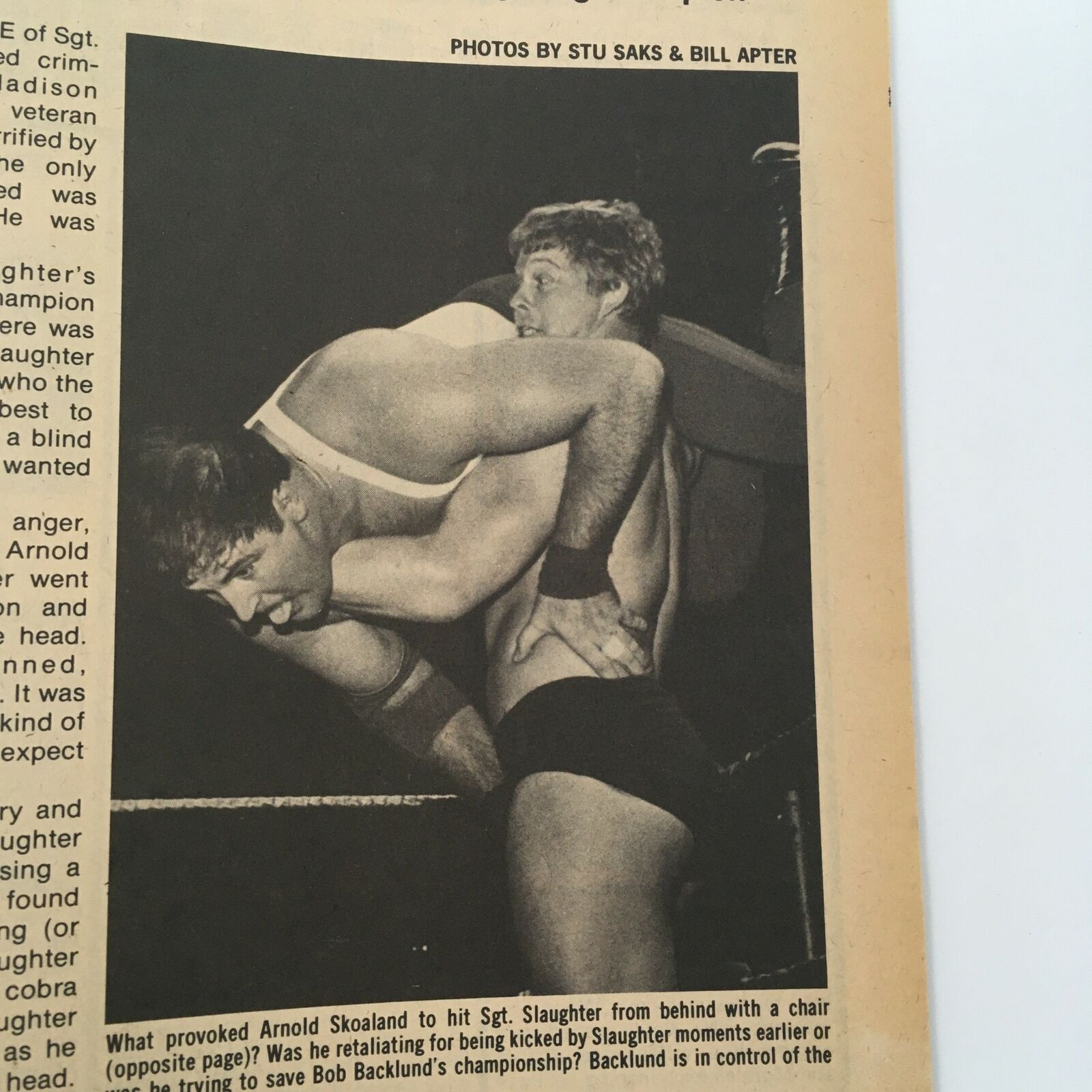 Black and white photograph from Inside Wrestling Magazine February 1981 showing a wrestling match between Sgt. Slaughter and Bob Backlund. The image captures the tension and action of the bout, with emphasis on the wrestlers' athleticism and intense rivalry. Inside Wrestling Magazine February 1981: Sgt. Slaughter vs Bob Backlund.