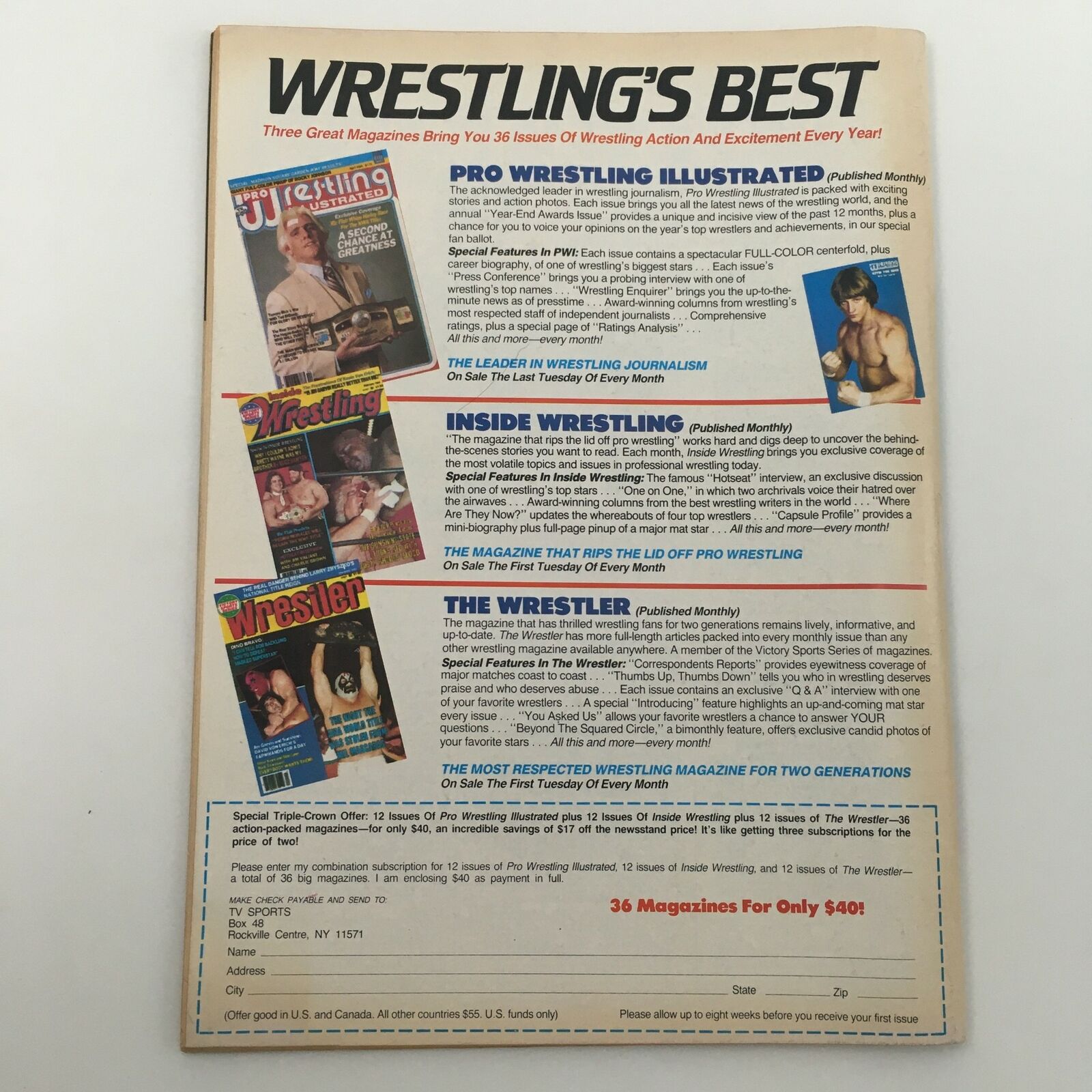 Back cover of The Wrestler Magazine February 1985, promoting subscription options and other wrestling magazines. Highlights the magazine's status and history in wrestling journalism.