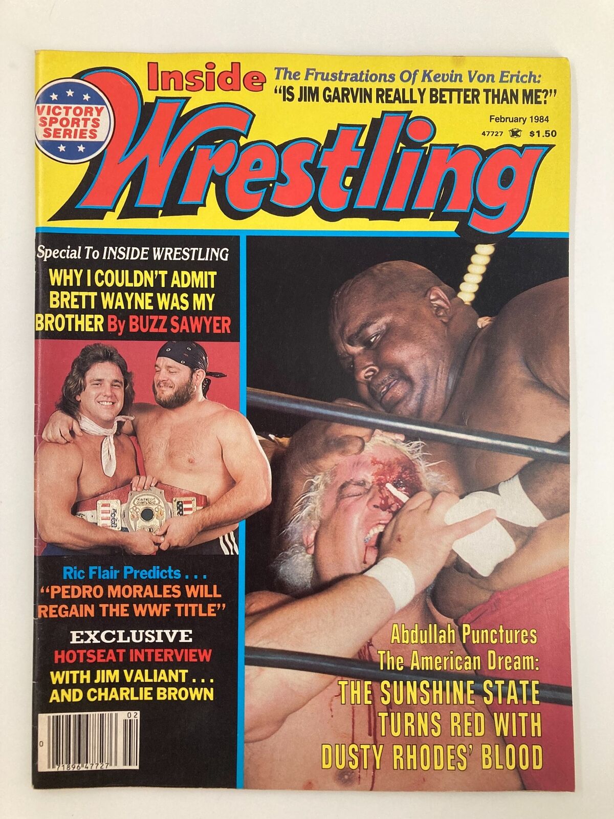 VTG Inside Wrestling Magazine February 1984 cover featuring Abdullah the Butcher and Dusty Rhodes in a dramatic wrestling scene, showcasing the intense rivalry and iconic personalities of the wrestling world from the 1980s.