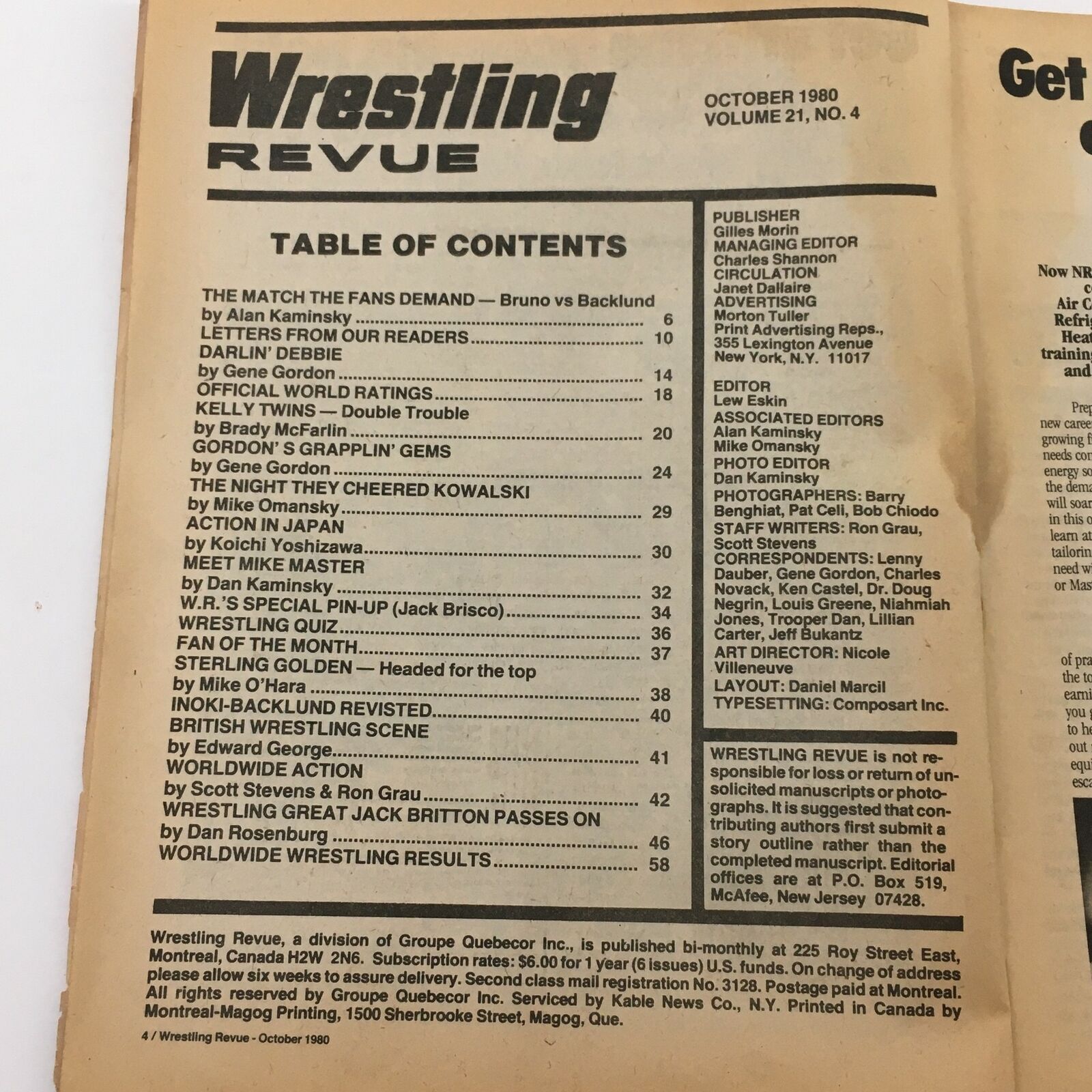 Wrestling Revue Magazine October 1980 Bob Backlund vs Bruno Sammartino Feature