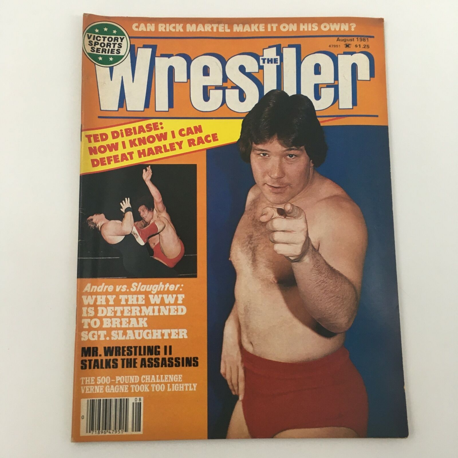 The Wrestler Magazine August 1981 featuring a cover illustration of wrestling legend Ted DiBiase, highlighting the Andre the Giant vs Sgt. Slaughter match.