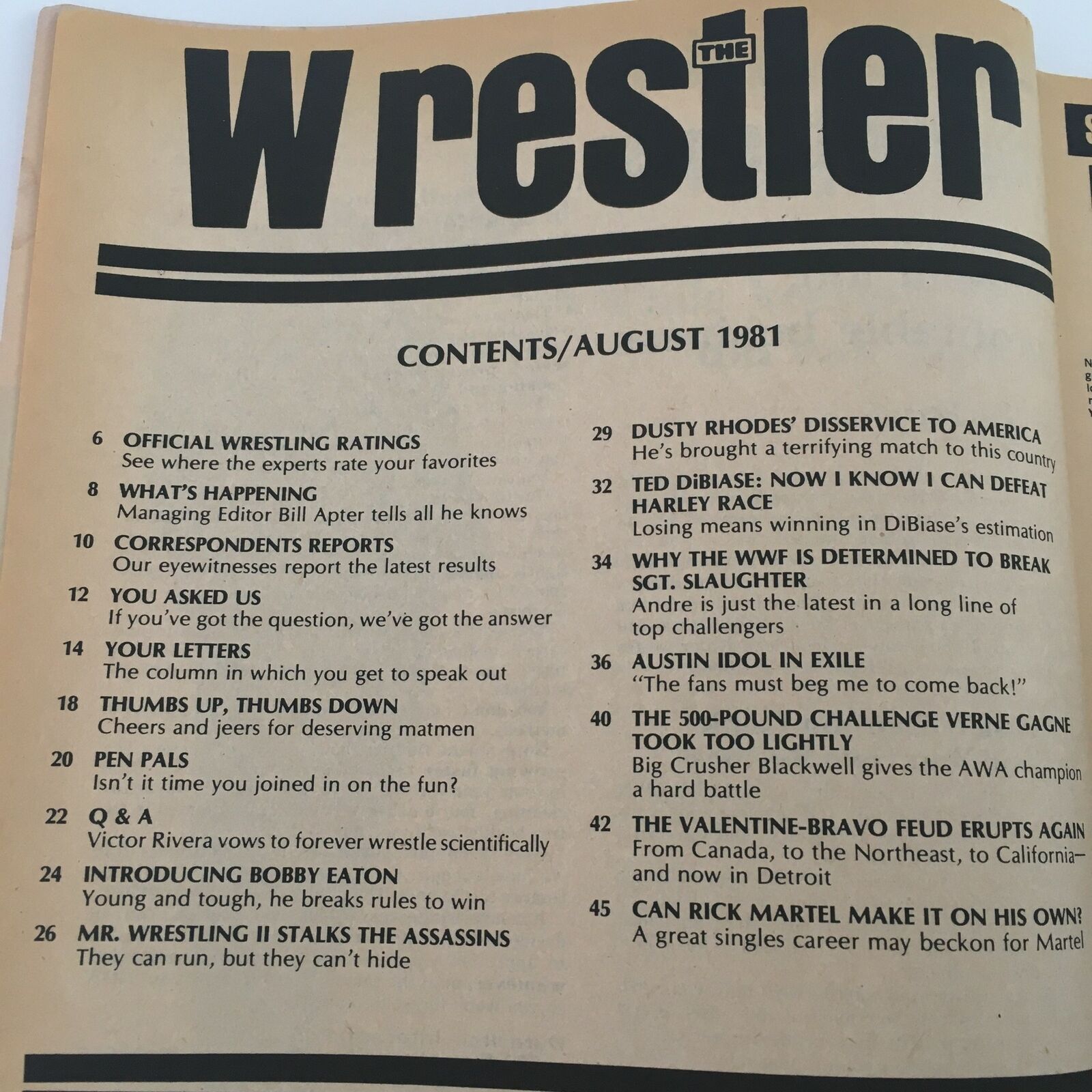 The Wrestler Magazine August 1981 contents page showcasing various wrestling articles and features, including insights on Andre the Giant and Sgt. Slaughter.