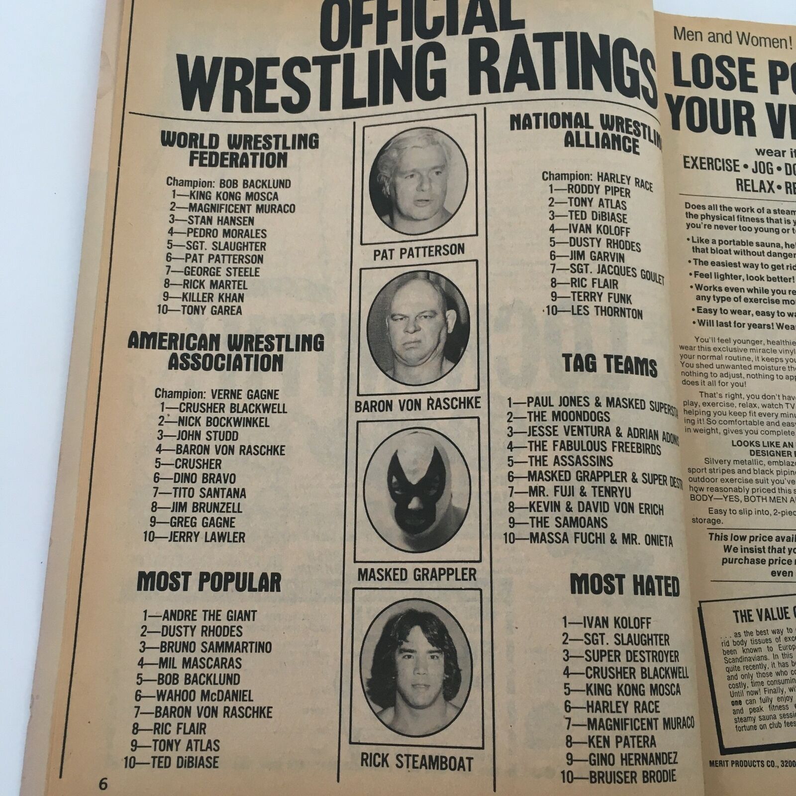 Official wrestling ratings from The Wrestler Magazine August 1981, featuring rankings for the World Wrestling Federation, American Wrestling Association, and National Wrestling Alliance, alongside notable wrestlers like Andre the Giant, Sgt. Slaughter, and Rick Steamboat.