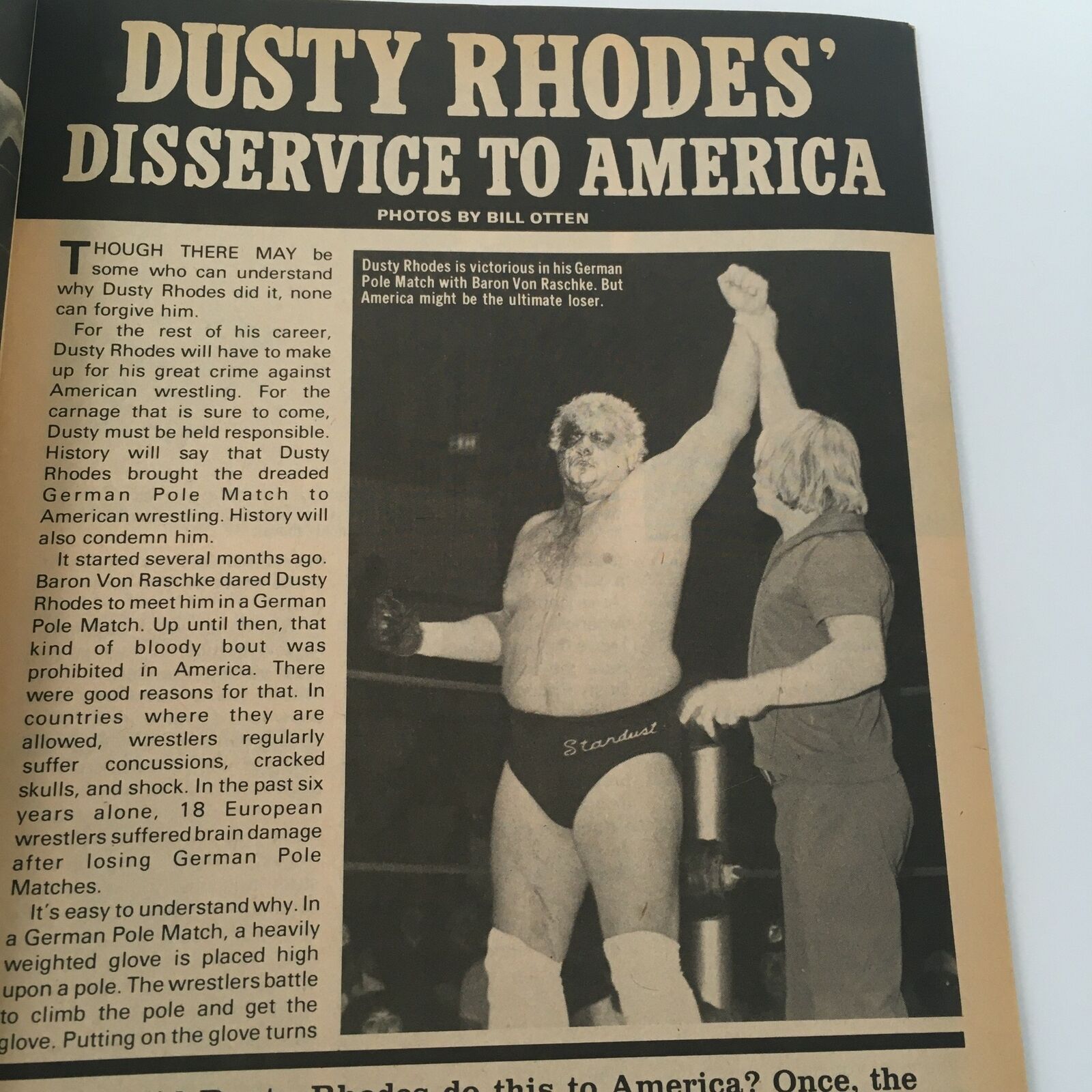 Dusty Rhodes in the ring, celebrating victory after his German Pole Match with Baron Von Raschke, featured in The Wrestler Magazine August 1981, showcasing a pivotal moment in wrestling history.