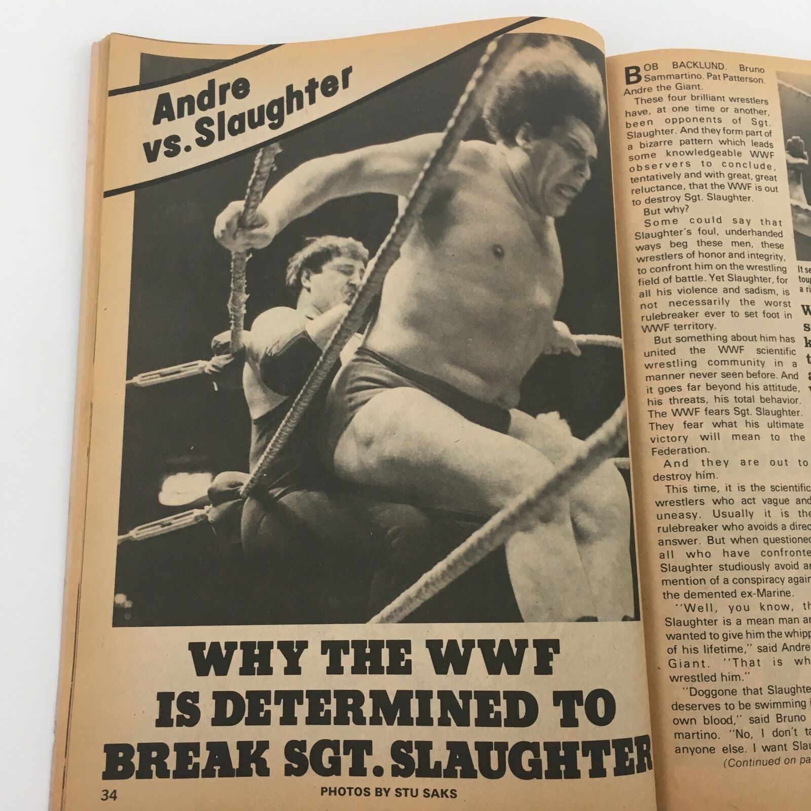 Iconic moment from The Wrestler Magazine August 1981 depicting the match between Andre the Giant and Sgt. Slaughter, highlighting the rivalry and dramatic tensions of wrestling during the era.