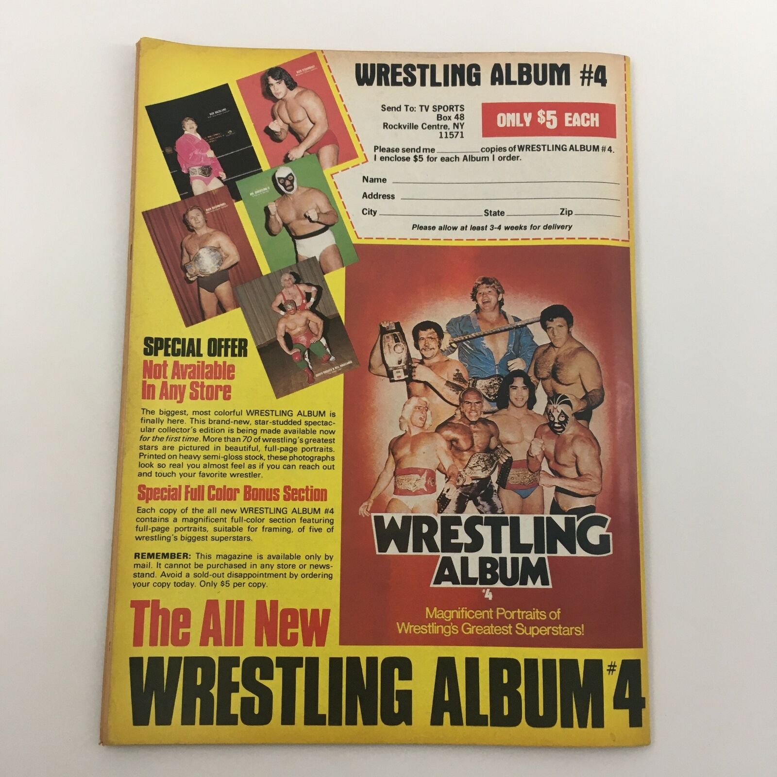 Cover of Wrestling Album #4 from The Wrestler Magazine August 1981, displaying wrestlers and promotional materials, including a special offer for fans to obtain this unique collectible.