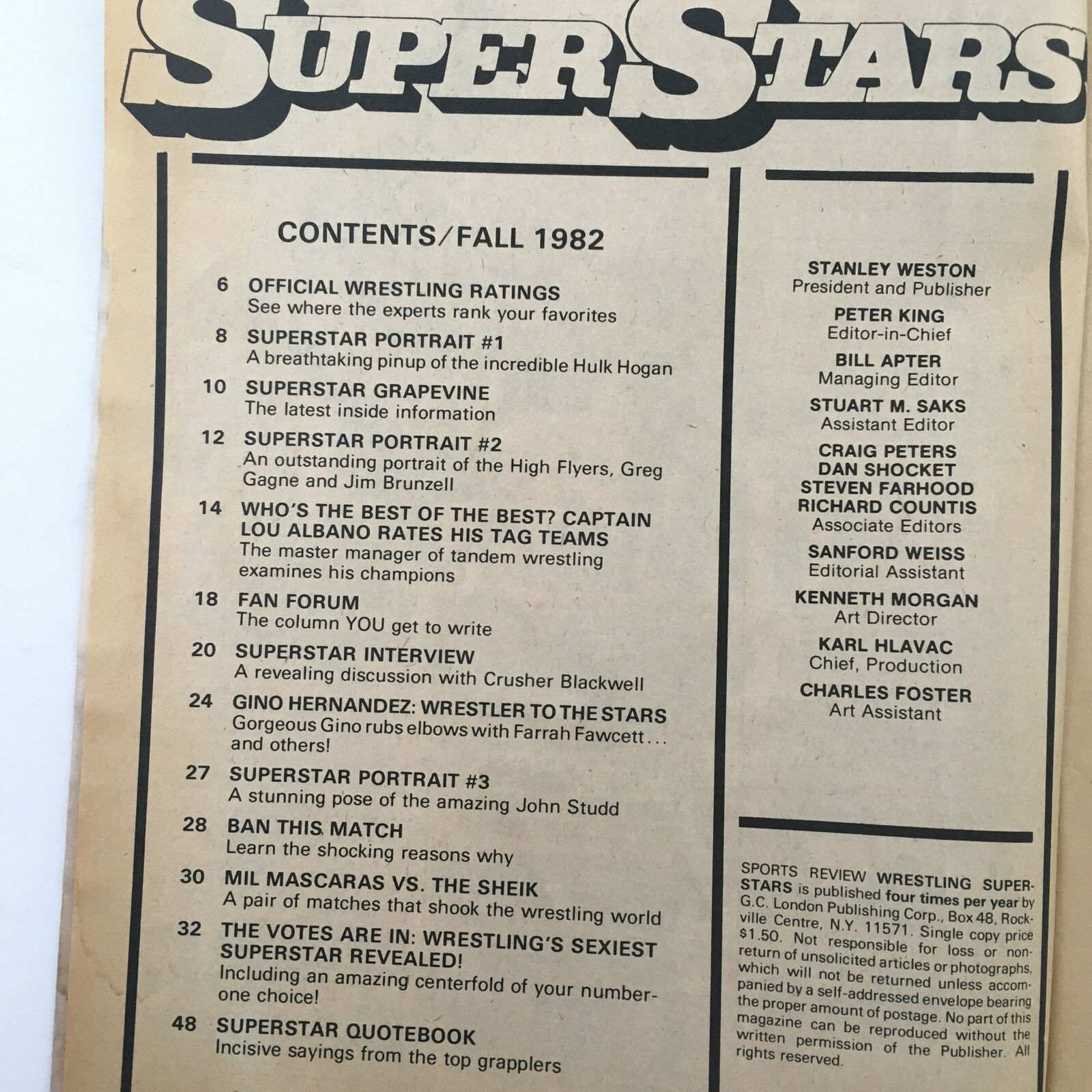 Wrestling Superstars Magazine Fall 1982 Hulk Hogan, Rick Martel & Tommy Rich