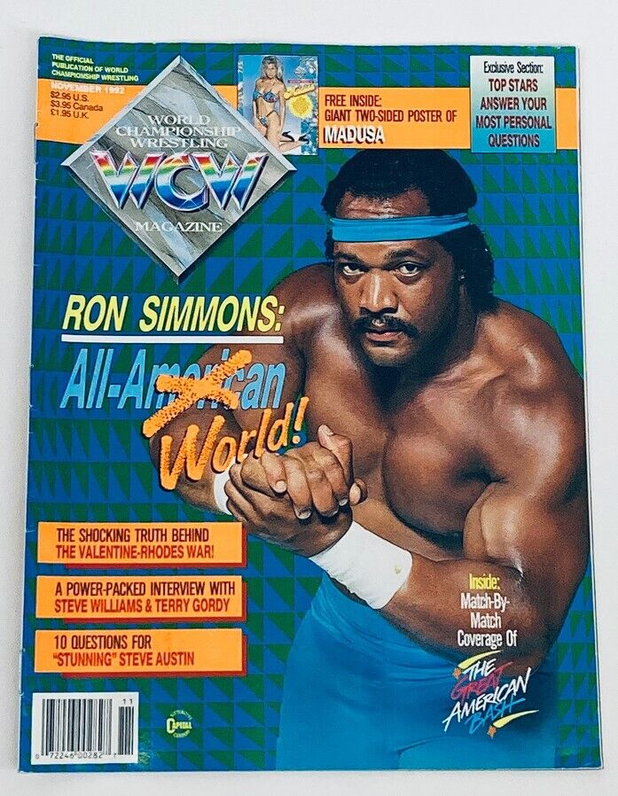 Cover of WCW Wrestling Magazine November 1992 featuring Ron Simmons, showcasing his iconic wrestling pose. Highlights include articles on Steve Williams and Terry Gordy, and a mention of a giant two-sided poster of Madusa available inside.