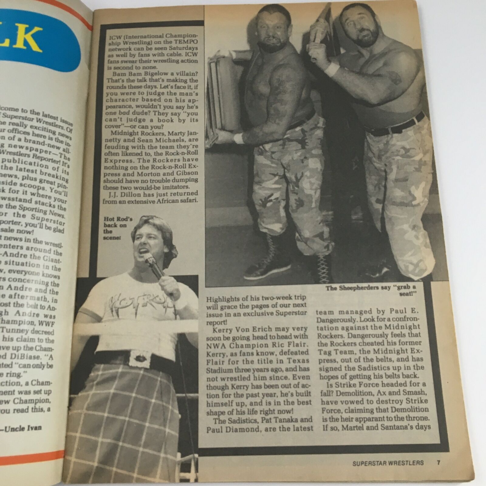 Interior page of Superstar Wrestlers Magazine June 1988, issue #23 showcasing a wrestling segment featuring Bam Bam Bigelow and the Midnight Rockers.