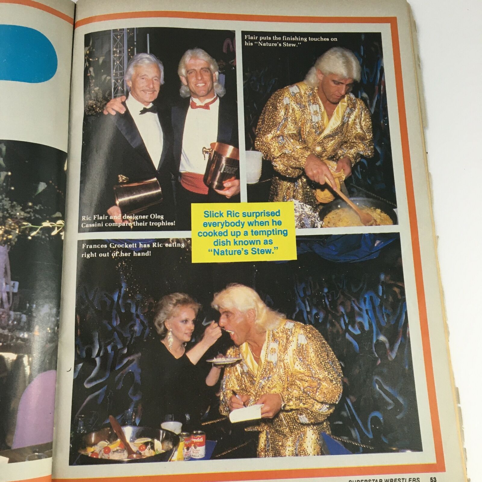 Image from Superstar Wrestlers Magazine June 1988, issue #23, showing Ric Flair celebrating at an event with Frances Crockett and Oleg Cassini.