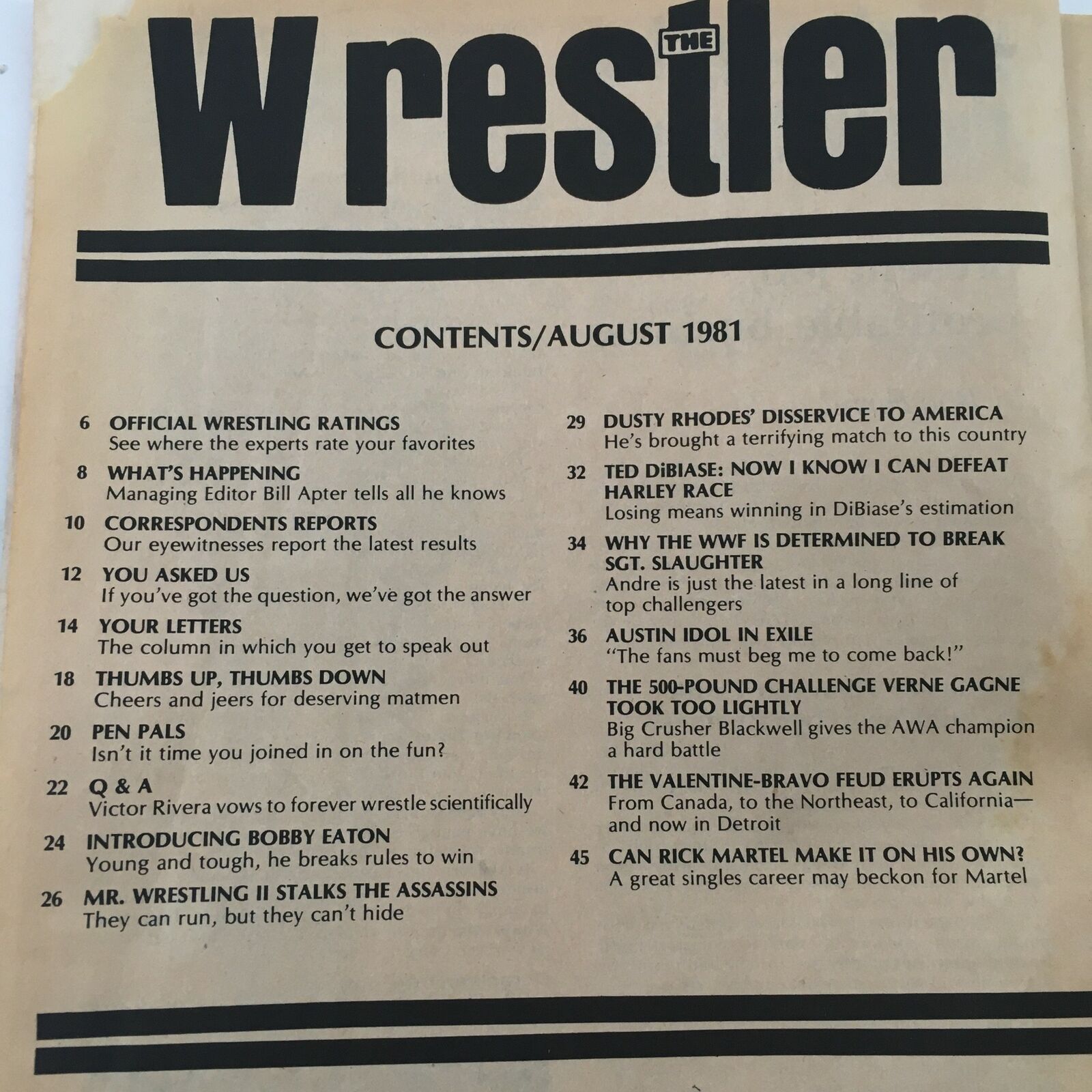 Contents page from The Wrestler Magazine August 1981, listing features including articles on Andre the Giant and Sgt. Slaughter.