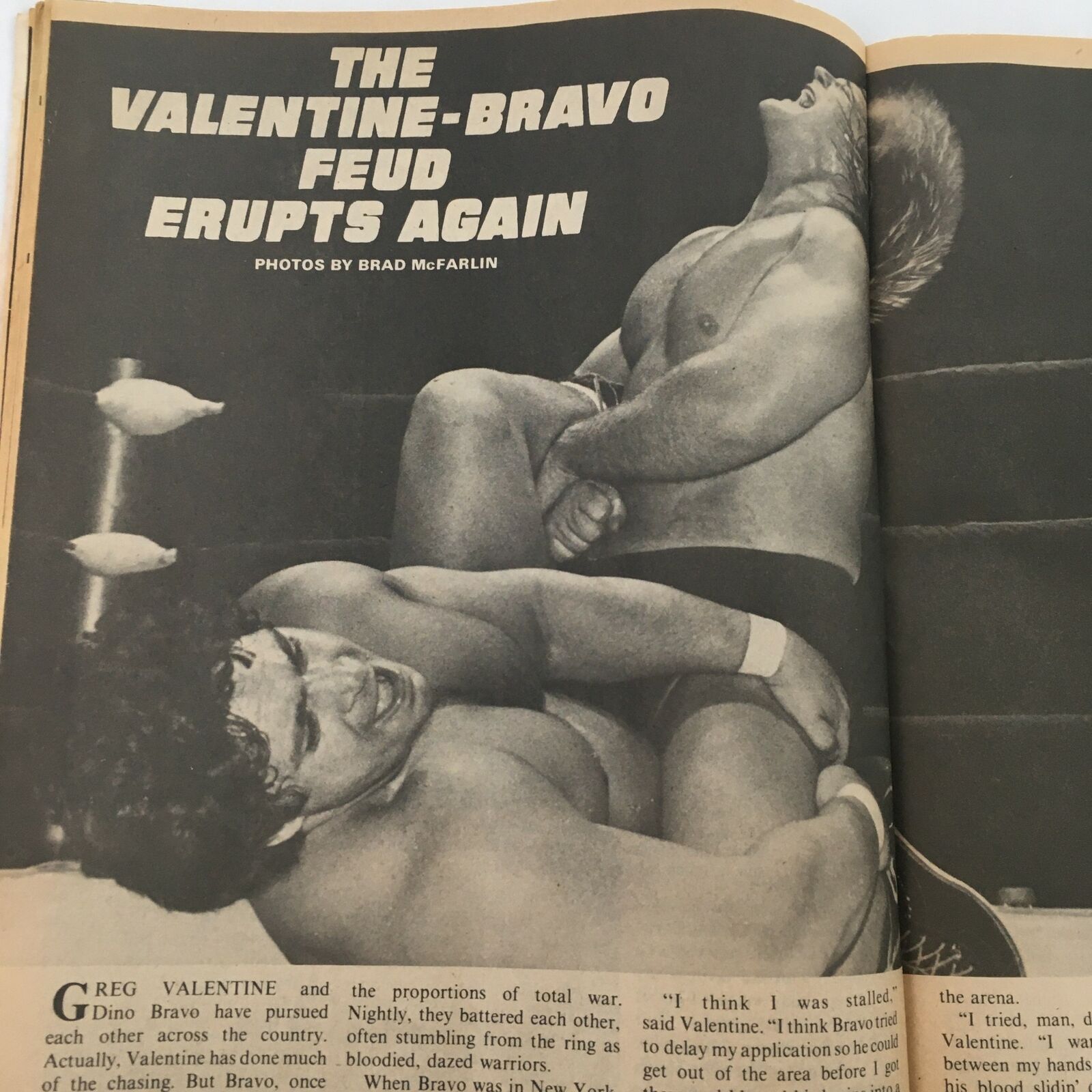 An inside photo from The Wrestler Magazine August 1981 capturing the feud between Greg Valentine and Dino Bravo in a wrestling match.