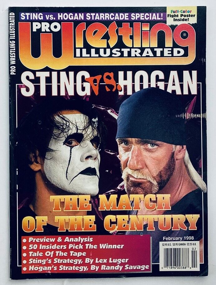 Pro Wrestling Illustrated Magazine February 1998 featuring the iconic match between Hulk Hogan and Sting, highlighted by the words 'THE MATCH OF THE CENTURY'. The cover showcases their intense rivalry and includes a banner indicating a full-color fight poster inside.