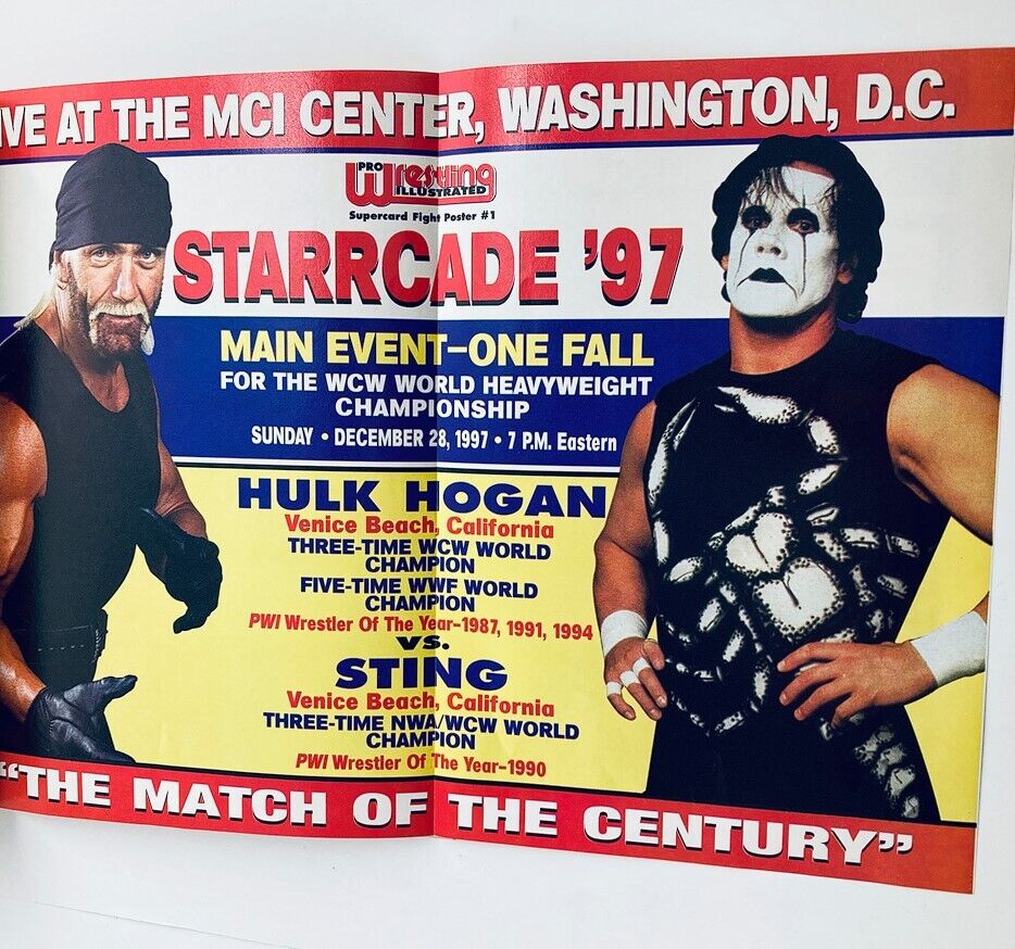 Inside view of the Pro Wrestling Illustrated Magazine February 1998 featuring Hulk Hogan and Sting. This image depicts the promotional poster for Starrcade '97, detailing their main event World Heavyweight Championship match, and summarizing their wrestling achievements.