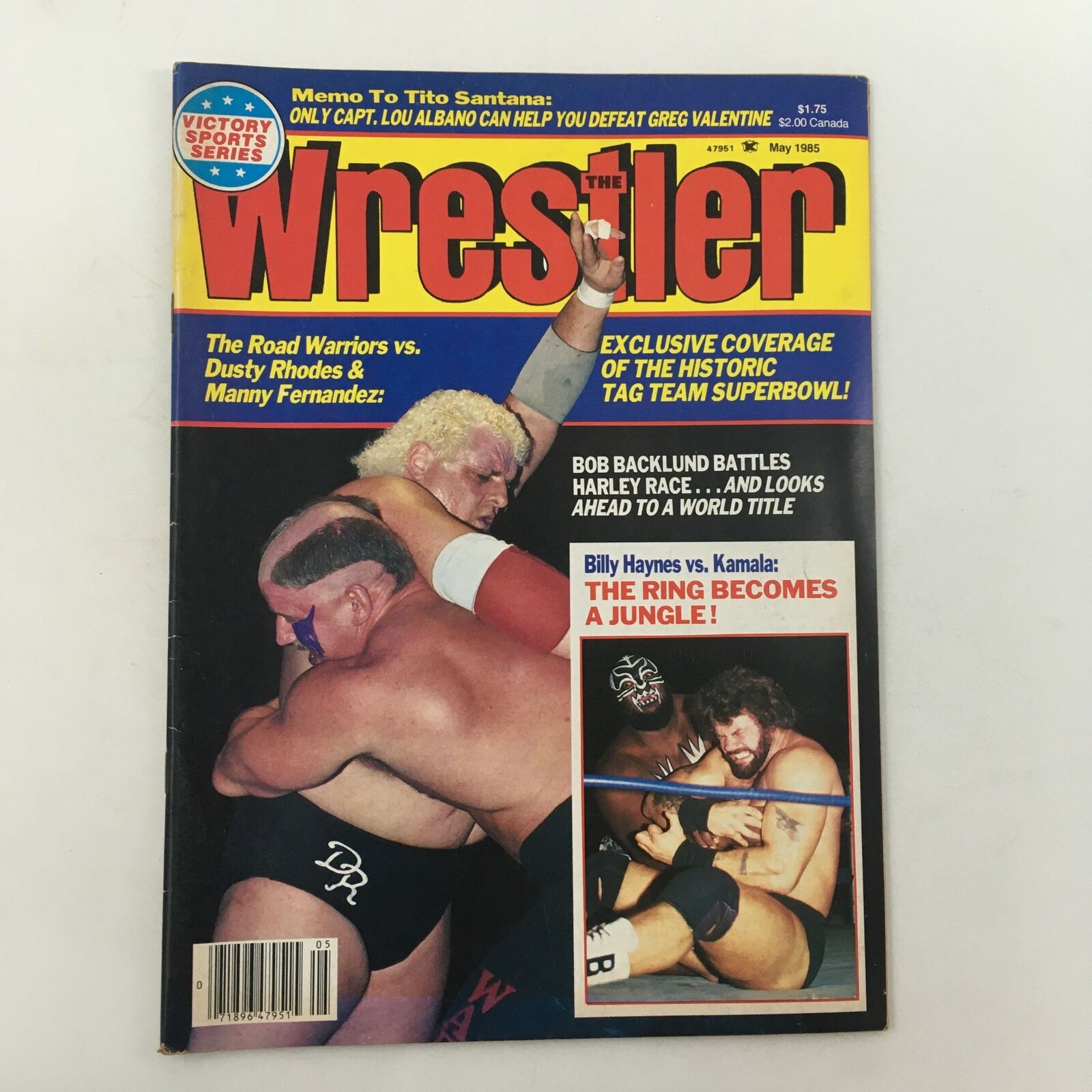 Cover of The Wrestler Magazine May 1985 featuring Road Warrior vs. Dusty Rhodes and Manny Fernandez, showcasing iconic wrestling match-ups and bright colored design.