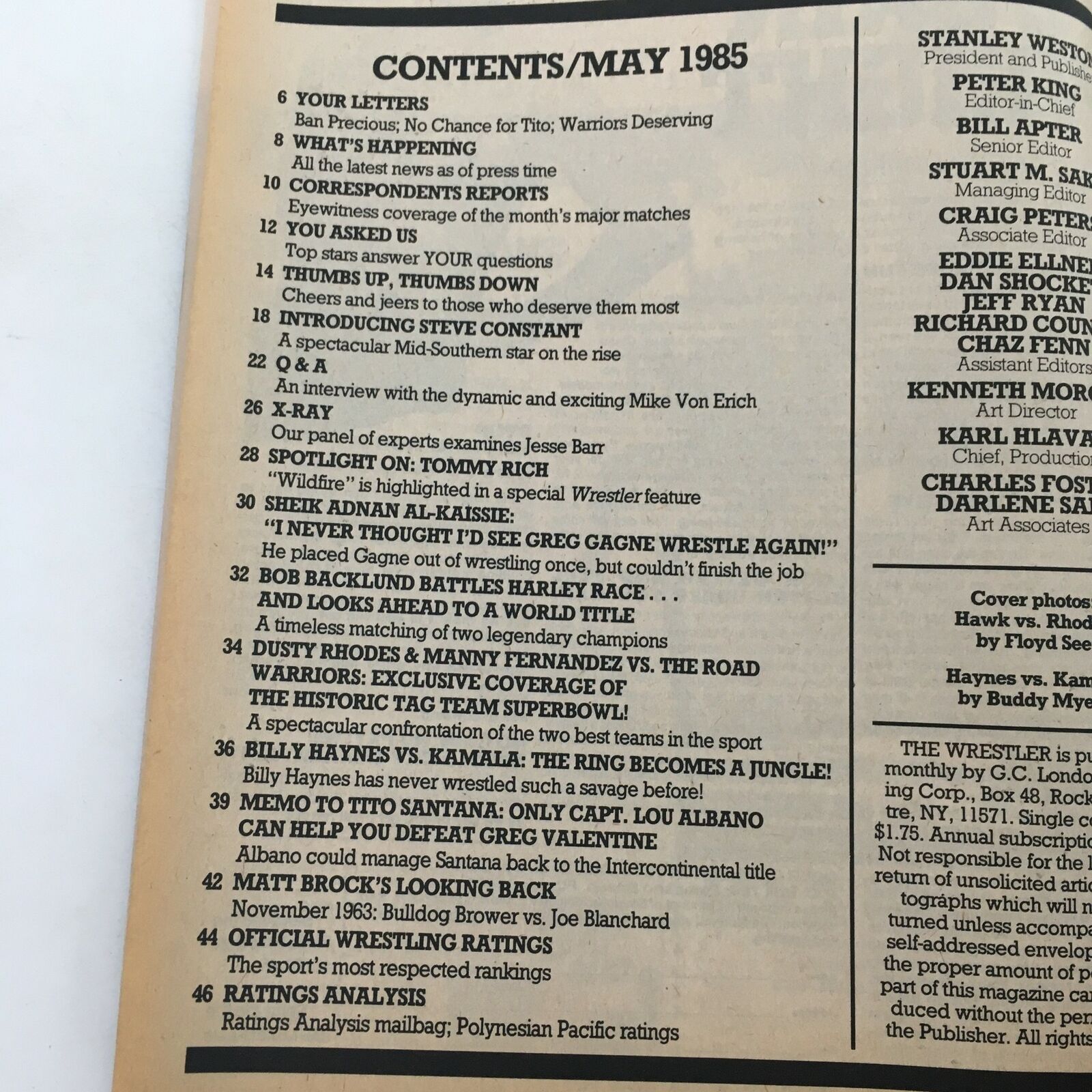 Table of contents page from The Wrestler Magazine May 1985, listing key articles and highlights including Dusty Rhodes and Road Warriors match.