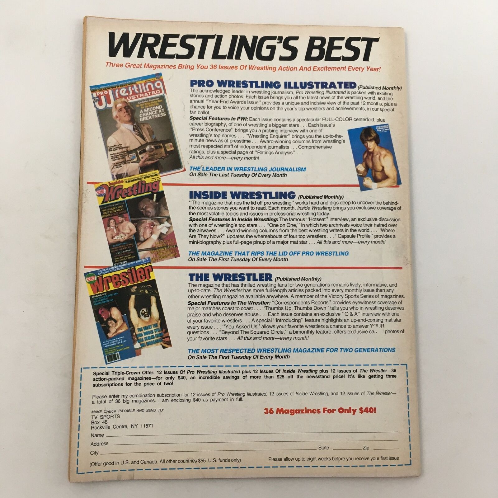 Advertisement for wrestling magazines in The Wrestler Magazine May 1985, promoting three wrestling publications including The Wrestler.