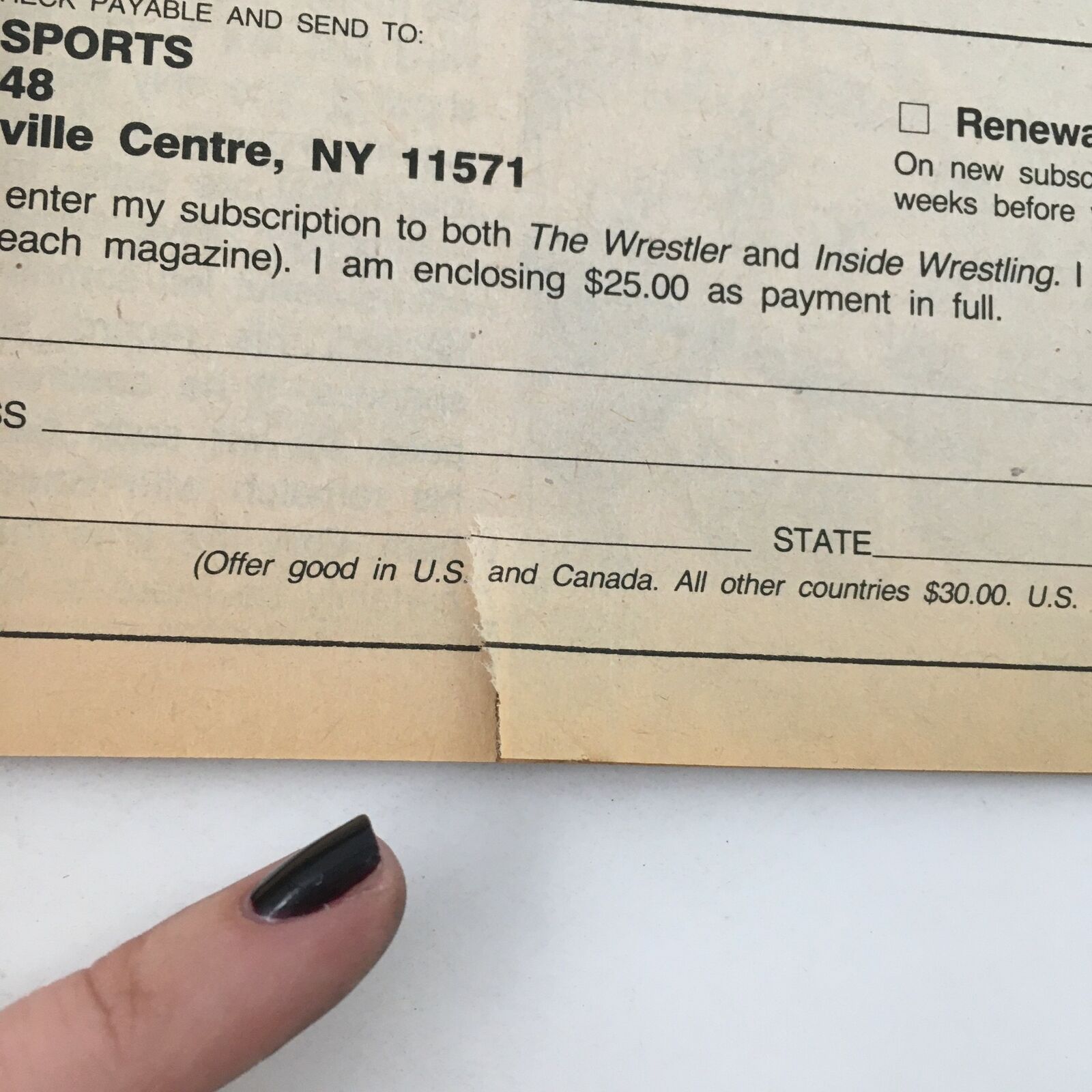 Subscription form for The Wrestler Magazine and Inside Wrestling in The Wrestler Magazine May 1985, detailing subscription options and pricing.