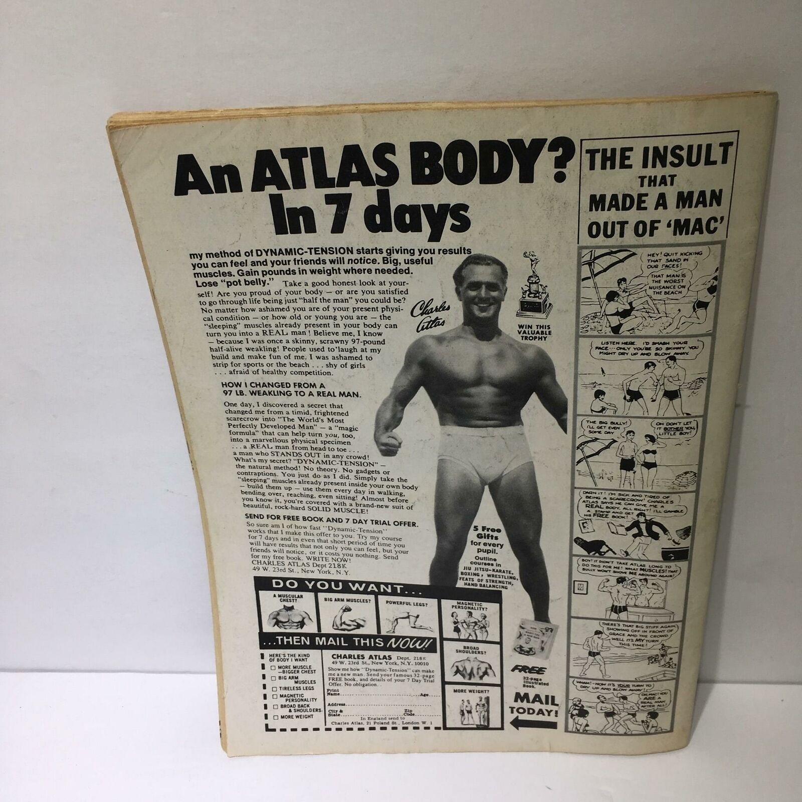 Back cover of the 'Wrestling 1977 Annual Winter 1977 - Andre the Giant' magazine featuring an advertisement for Charles Atlas bodybuilding program with a muscular man and illustrative workout graphics.