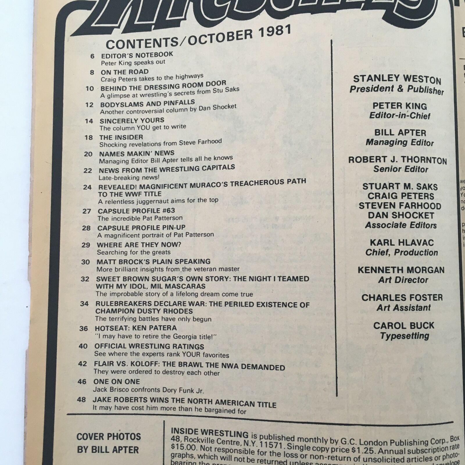Contents page of Inside Wrestling Magazine, October 1981, detailing articles and features including insights on wrestling legends and notable events of the era.