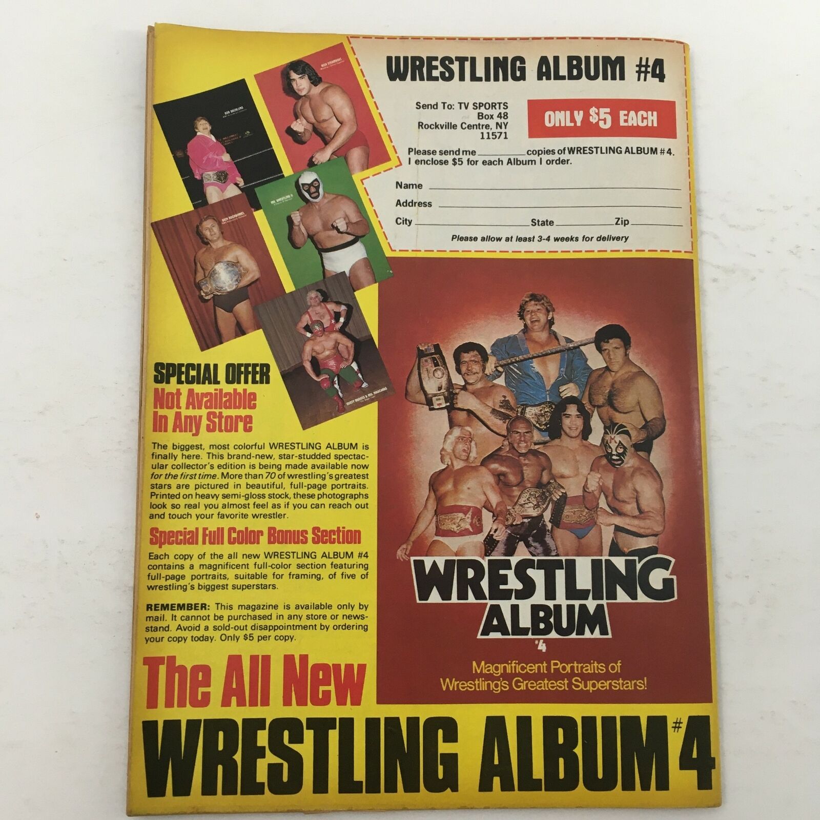 Wrestling Album #4 advertisement showcasing action-packed images of wrestling superstars, including promo details and pricing, featured in Inside Wrestling Magazine October 1981.