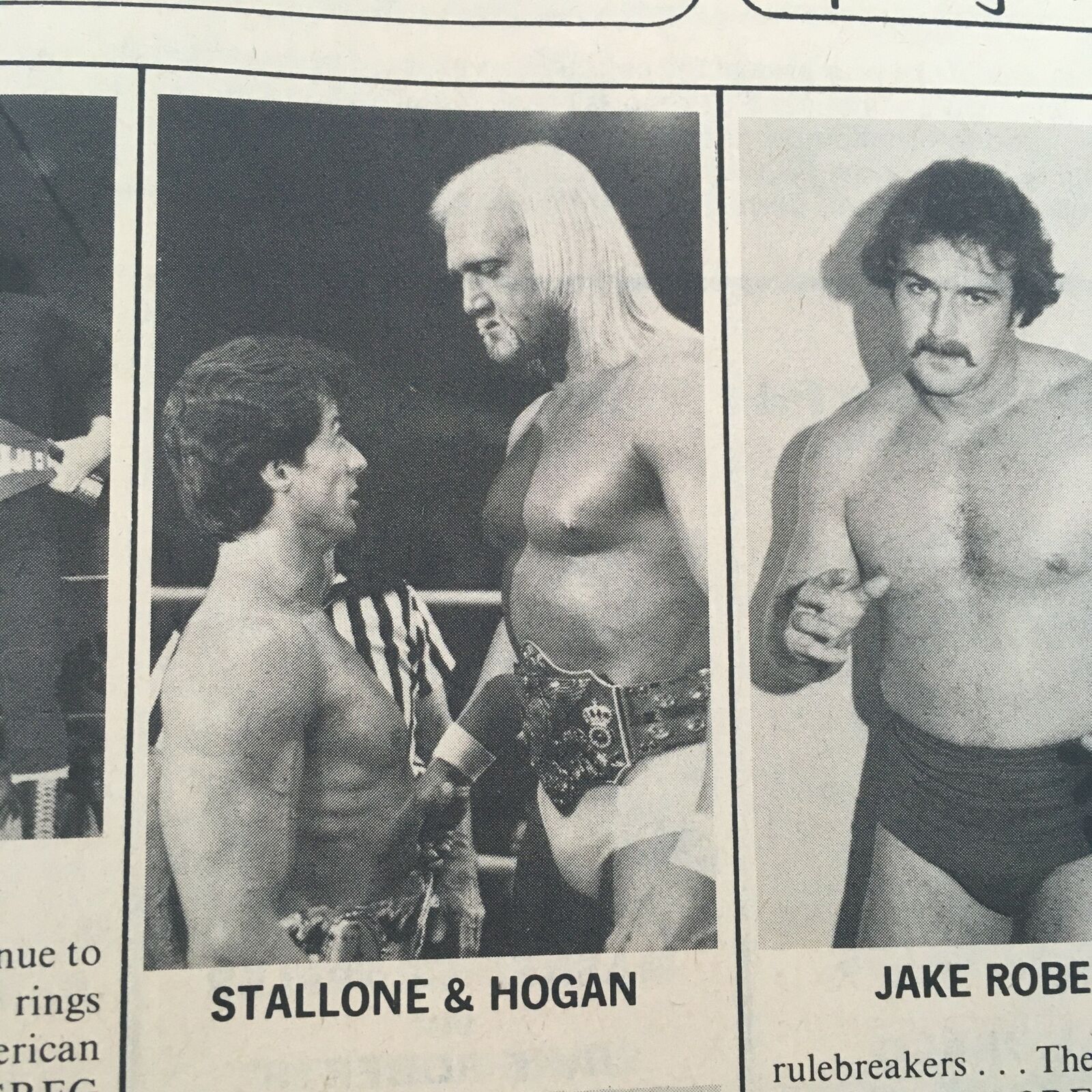 Photo of Sylvester Stallone and Hulk Hogan face-to-face, highlighting their iconic moment in wrestling, featured in Inside Wrestling Magazine October 1981.