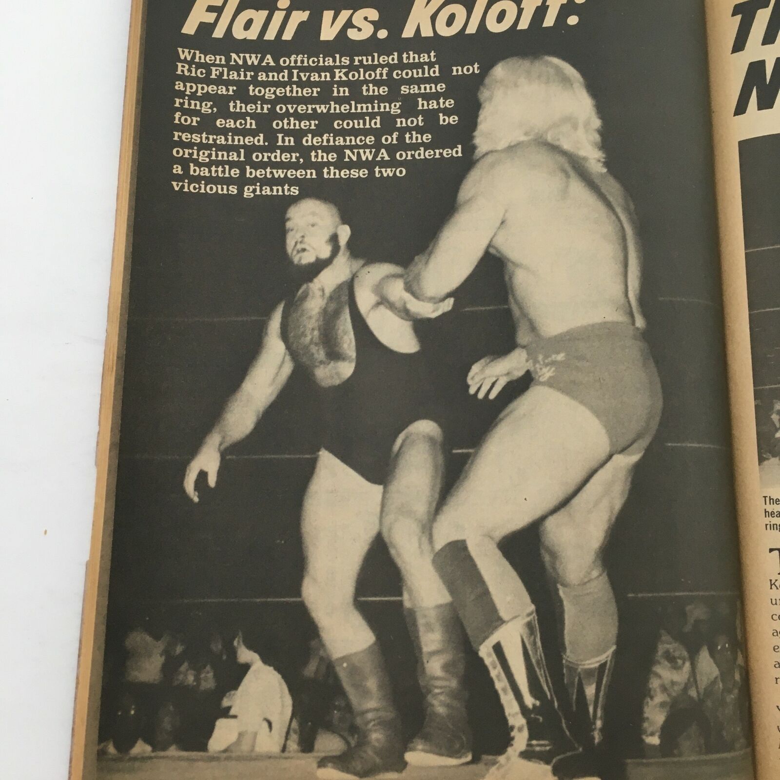 Action shot of Ric Flair and Ivan Koloff wrestling, illustrating a key rivalry, from Inside Wrestling Magazine October 1981.