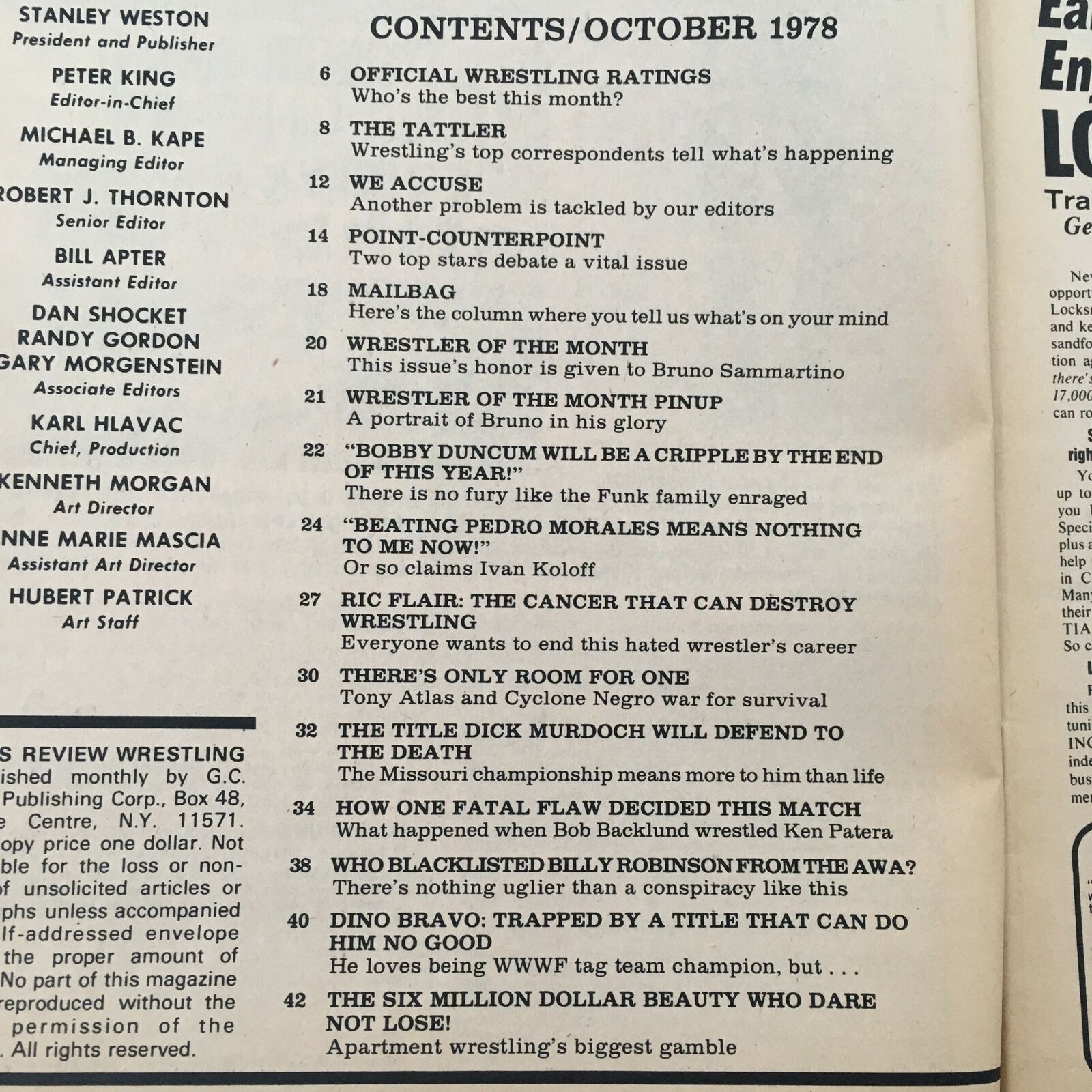 WWF Wrestling Magazine October 1978 Bob Backlund vs Ken Patera, Dino Bravo