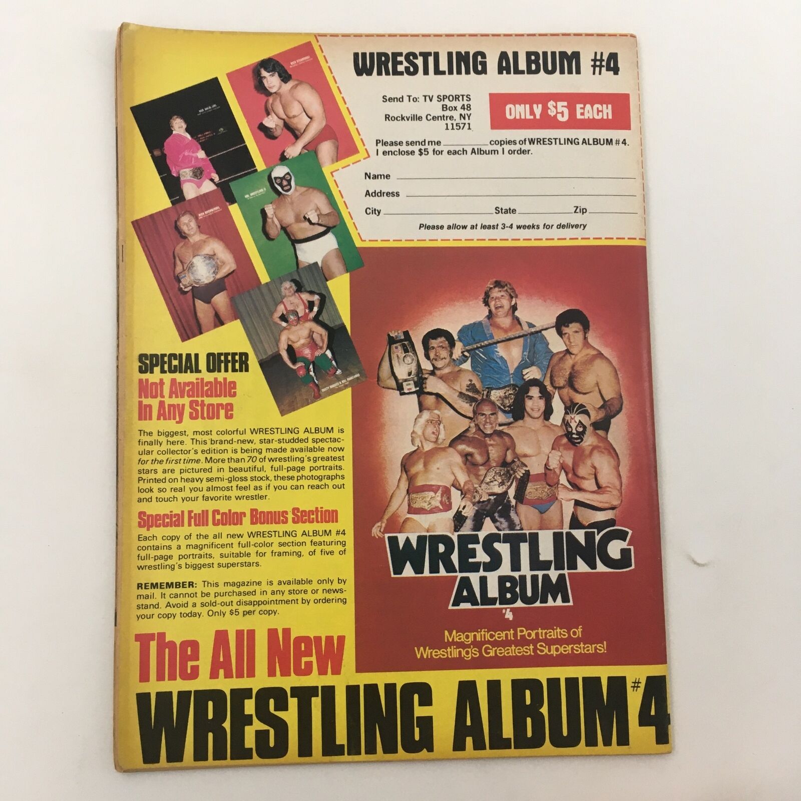 Advertisement for Wrestling Album #4 on the back cover of The Wrestler Magazine October 1982, promoting wrestling superstars and special offers for collectors.