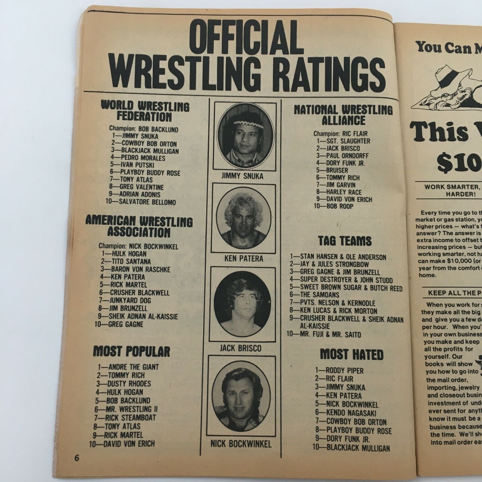 Official wrestling ratings page from The Wrestler Magazine October 1982, detailing rankings for various wrestlers and tag teams in major wrestling promotions.