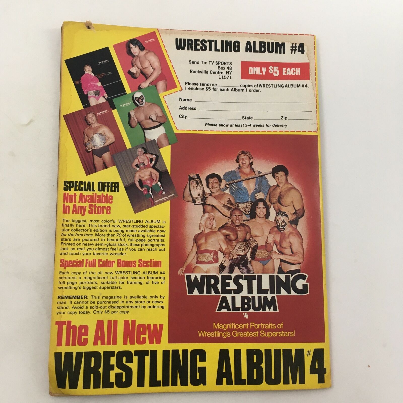 Cover of The Wrestler Magazine December 1981 showcasing Wrestling Album #4, featuring portraits of iconic wrestlers. Title mentions exclusive offers not available in stores.