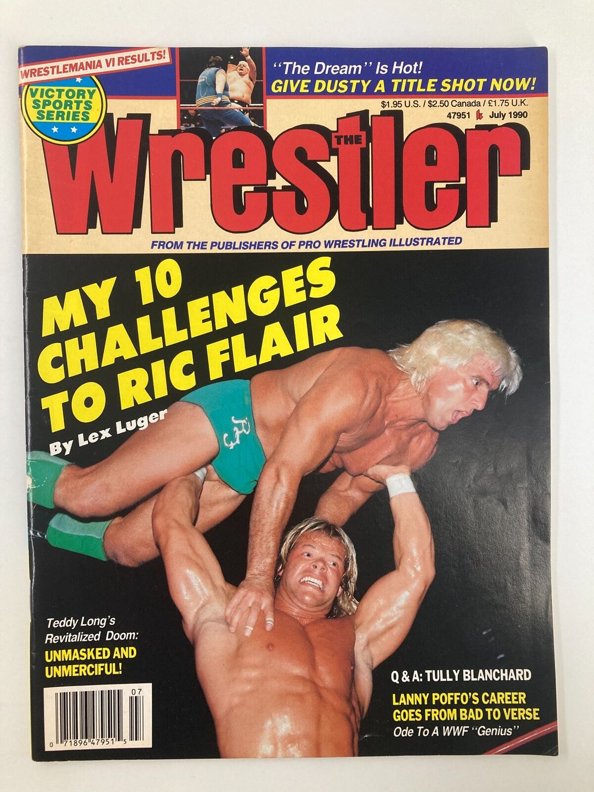 The Wrestler Magazine, July 1990 featuring Ric Flair and Lex Luger on the cover, showcasing a wrestling match action with vibrant colors and bold text that highlights an article by Lex Luger.