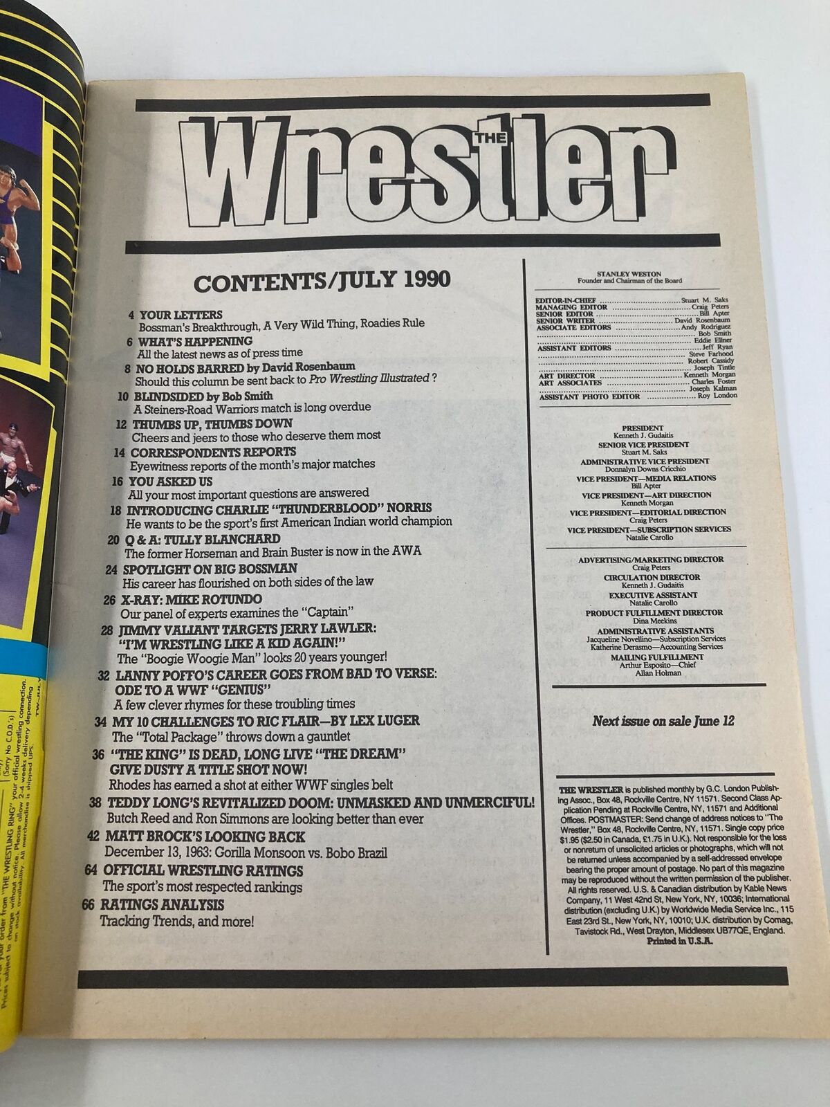 Contents page of The Wrestler Magazine July 1990 featuring articles and features on wrestlers including Ric Flair and Lex Luger, showcasing insights into wrestling news and rankings.