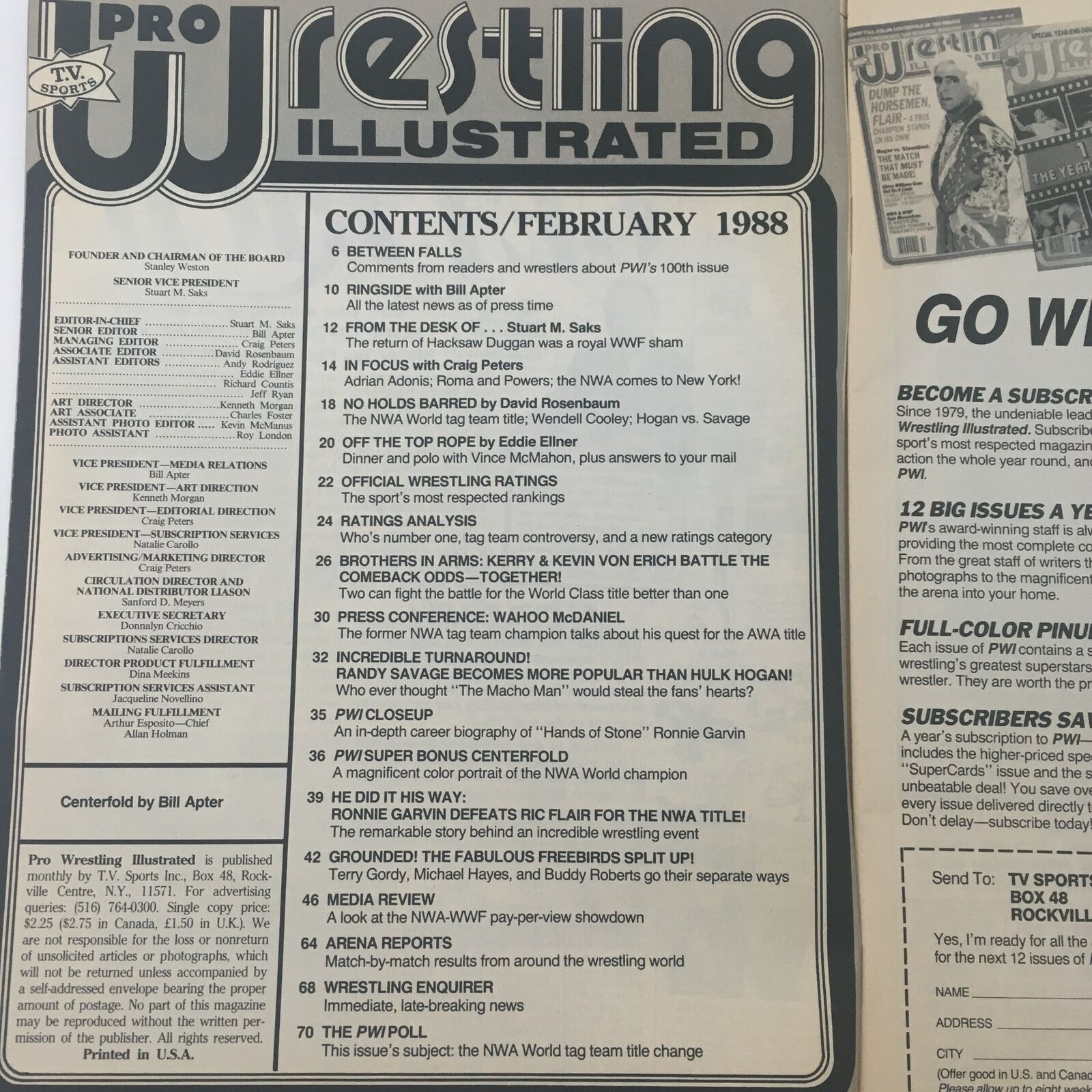 Table of contents from Pro Wrestling Illustrated Magazine February 1988, detailing articles and features in the issue.