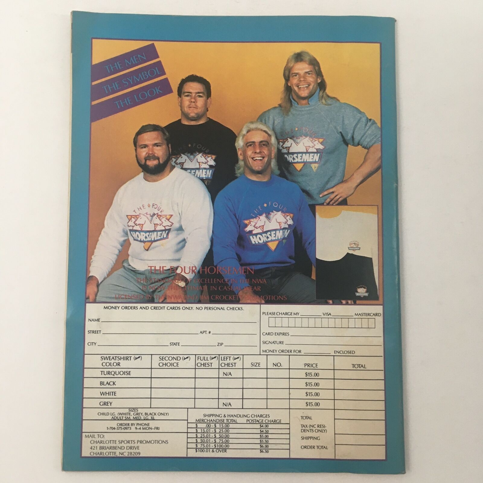 Back cover of Pro Wrestling Illustrated Magazine February 1988 featuring the Four Horsemen in promotional apparel.