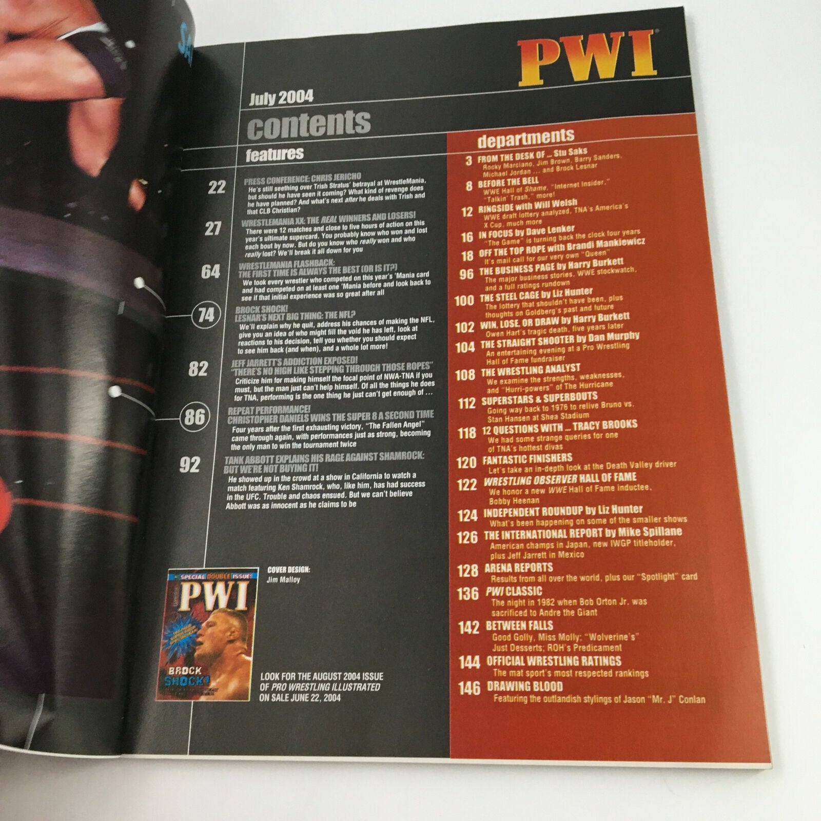 Inside the July 2004 Pro Wrestling Illustrated Magazine, contents page listing features and departments, emphasizing coverage of wrestling events and personalities.