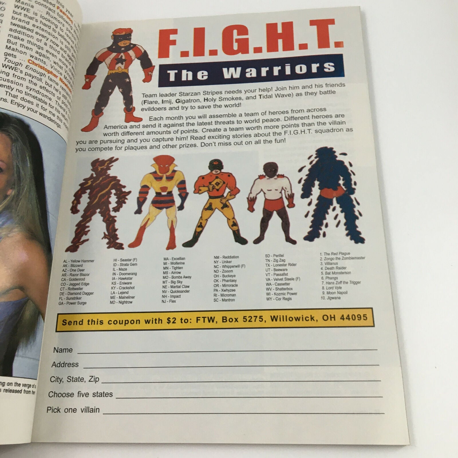 Page from July 2004 Pro Wrestling Illustrated Magazine featuring a promotional ad for the F.I.G.H.T. group, engaging young readers with superhero characters.