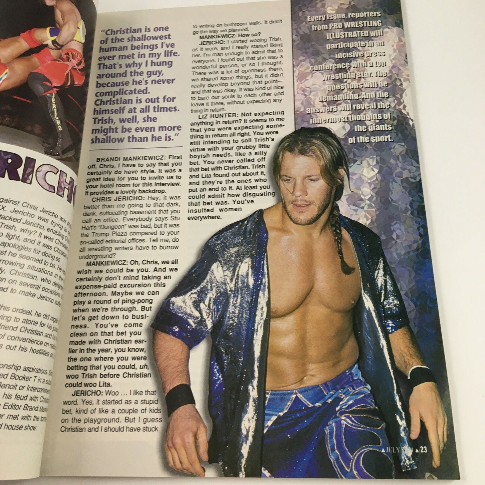 Profile page of wrestler Christian in the July 2004 Pro Wrestling Illustrated Magazine, discussing his persona and wrestling career.