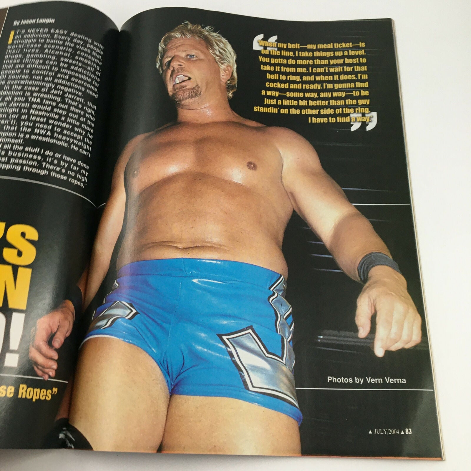Pro Wrestling Illustrated Magazine July 2004 image featuring a male wrestler in blue shorts, showcasing athletic physique and action pose, representing the dynamic world of wrestling.