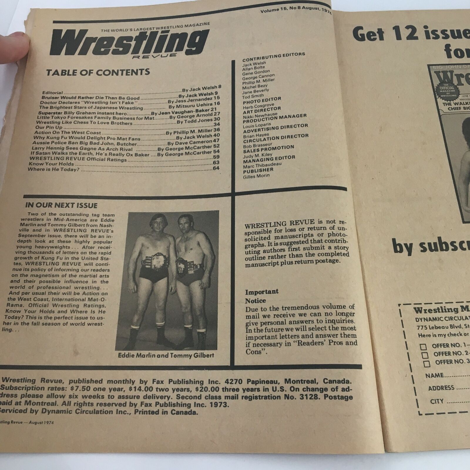 Wrestling Revue Magazine August 1974 Dick The Bruiser & Laura Del Rio, No Label