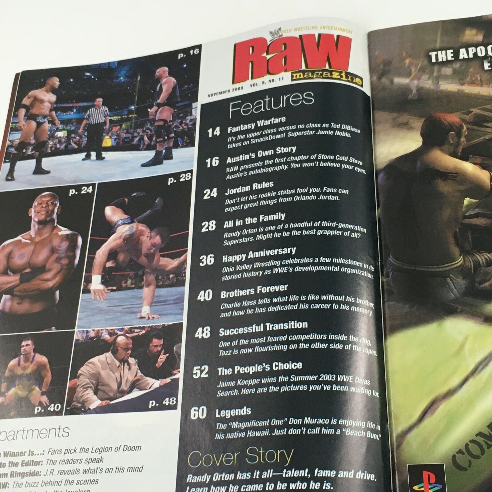 Interior page of WWE Raw Magazine November 2003 showcasing articles and features, including a breakdown of events and interviews with WWE superstars.