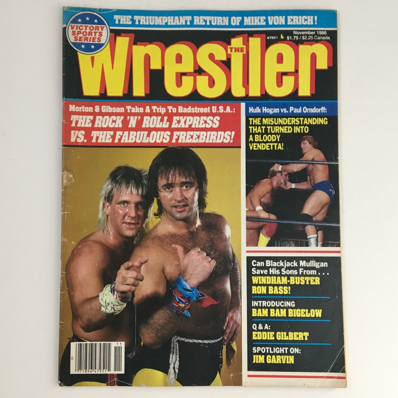 The Wrestler Magazine November 1986 cover featuring wrestling icons Hulk Hogan and Paul Orndorff, showcasing the dynamic rivalry and excitement of professional wrestling.