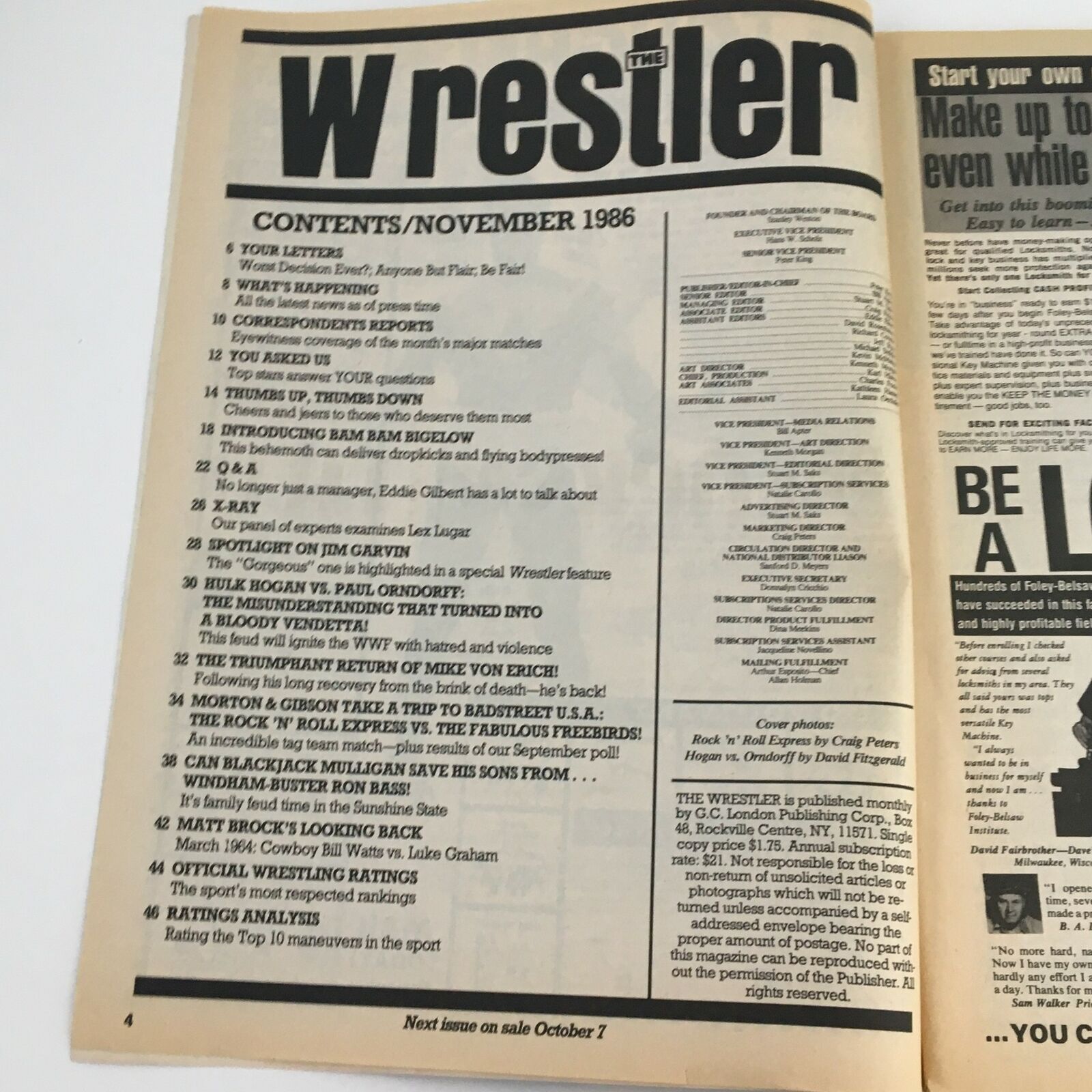 The Wrestler Magazine November 1986 table of contents page, highlighting various articles and topics related to wrestling and key figures in the sport.