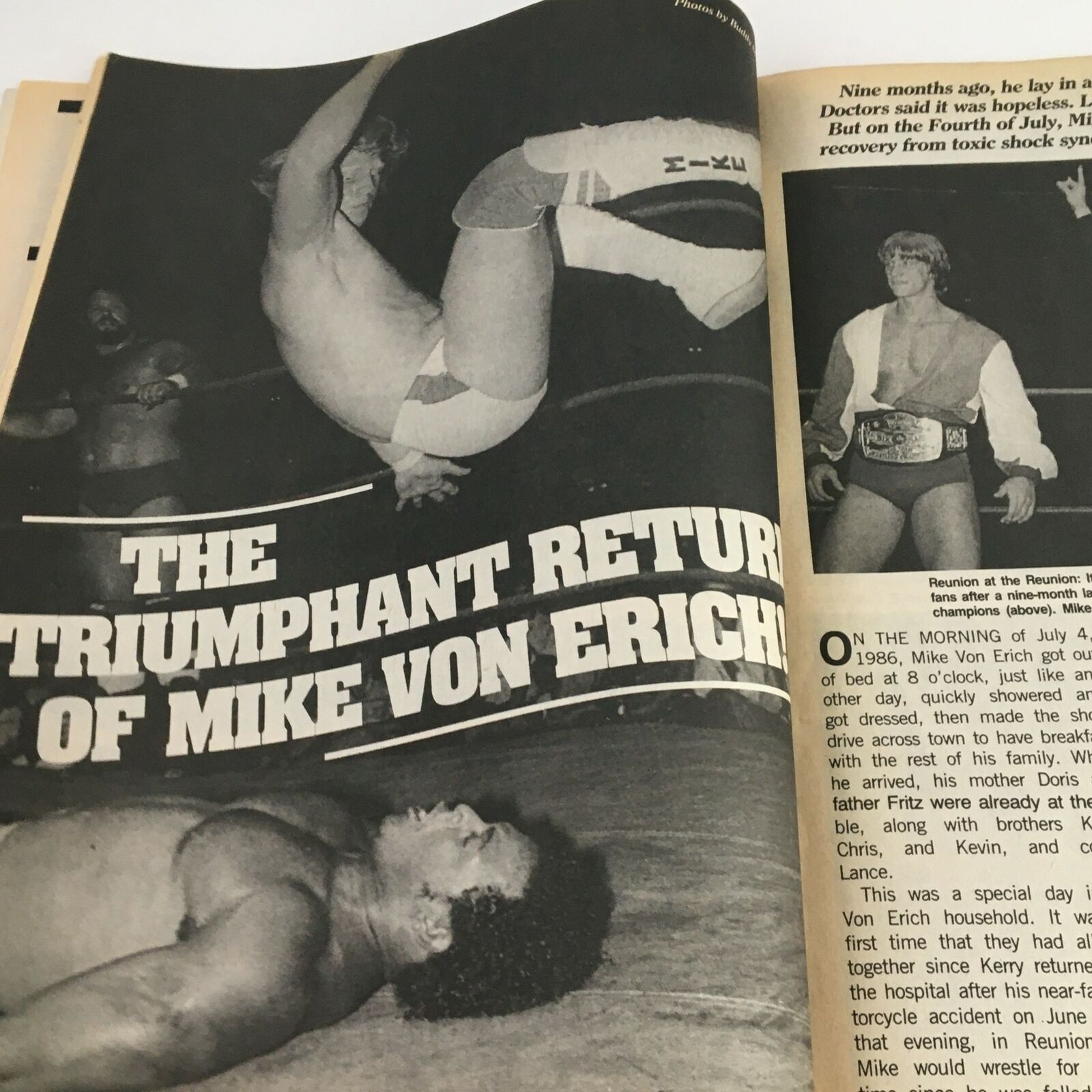 An article from The Wrestler Magazine November 1986 featuring Mike Von Erich's triumphant return to wrestling after recovery, emphasizing his significance in the wrestling community.