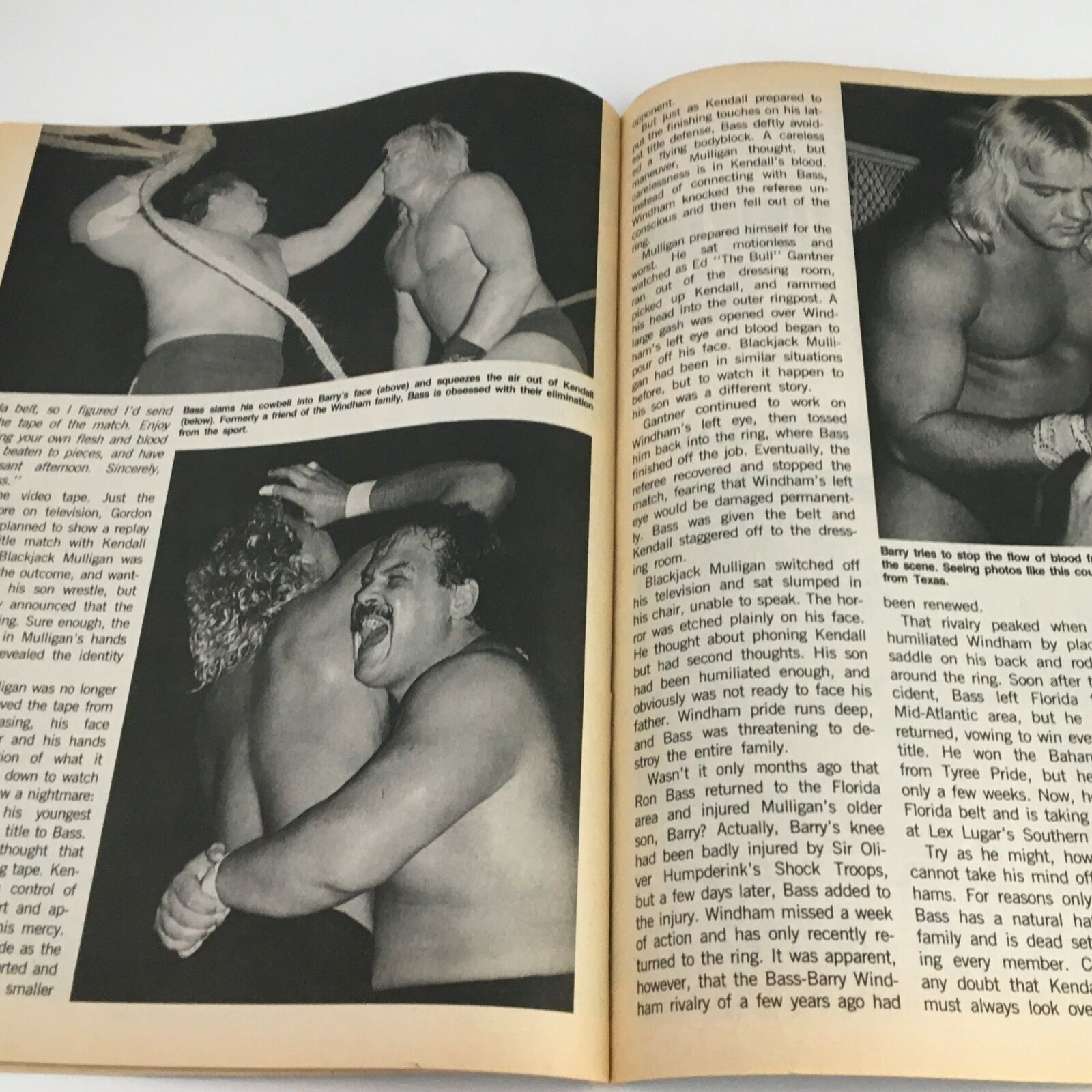 An inside page from The Wrestler Magazine November 1986 featuring dramatic wrestling moments and commentary on rivalries, showcasing the intense action within the wrestling realm.