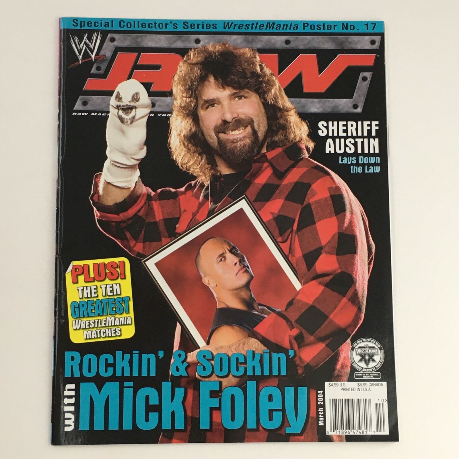 WWE Raw Magazine March 2004 Sheriff Austin & Mick Foley, w Poster No Label